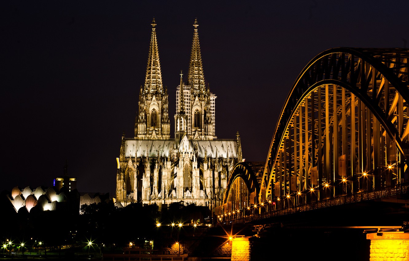 Wallpaper light, night, bridge, the city, river, Germany, Church, Germany, Germany, Cologne Cathedral, Cologne Cathedral, Cologne, Cologne, Rhine, Hohenzollern Bridge, Cologne Cathedral image for desktop, section город