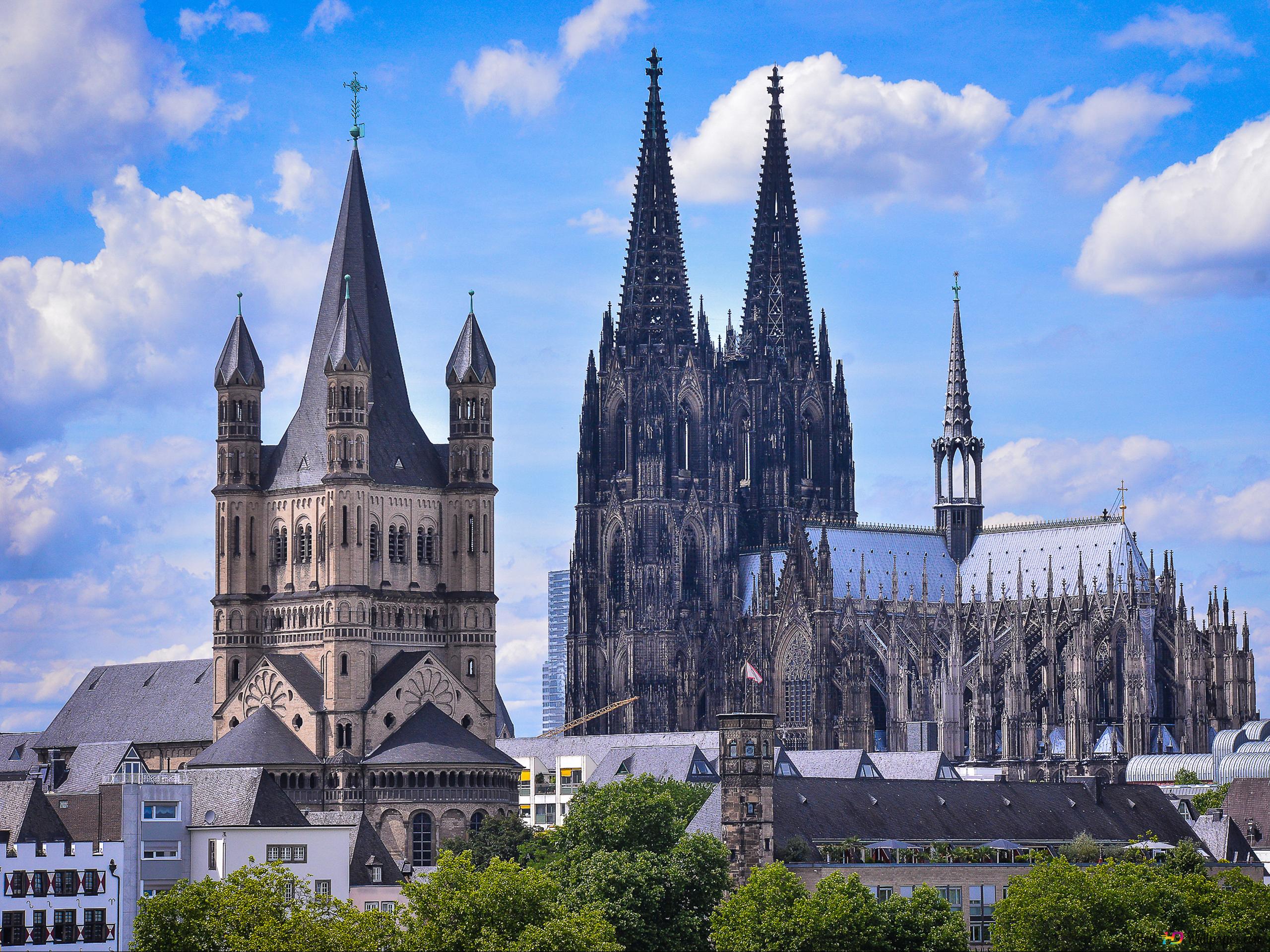 Church of Great St.Martin and Cologne Cathedral and in Cologne, Germany 2K wallpaper download