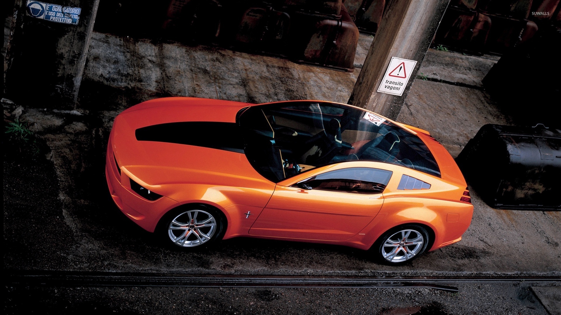 Top view of an orange Ford Mustang wallpaper wallpaper
