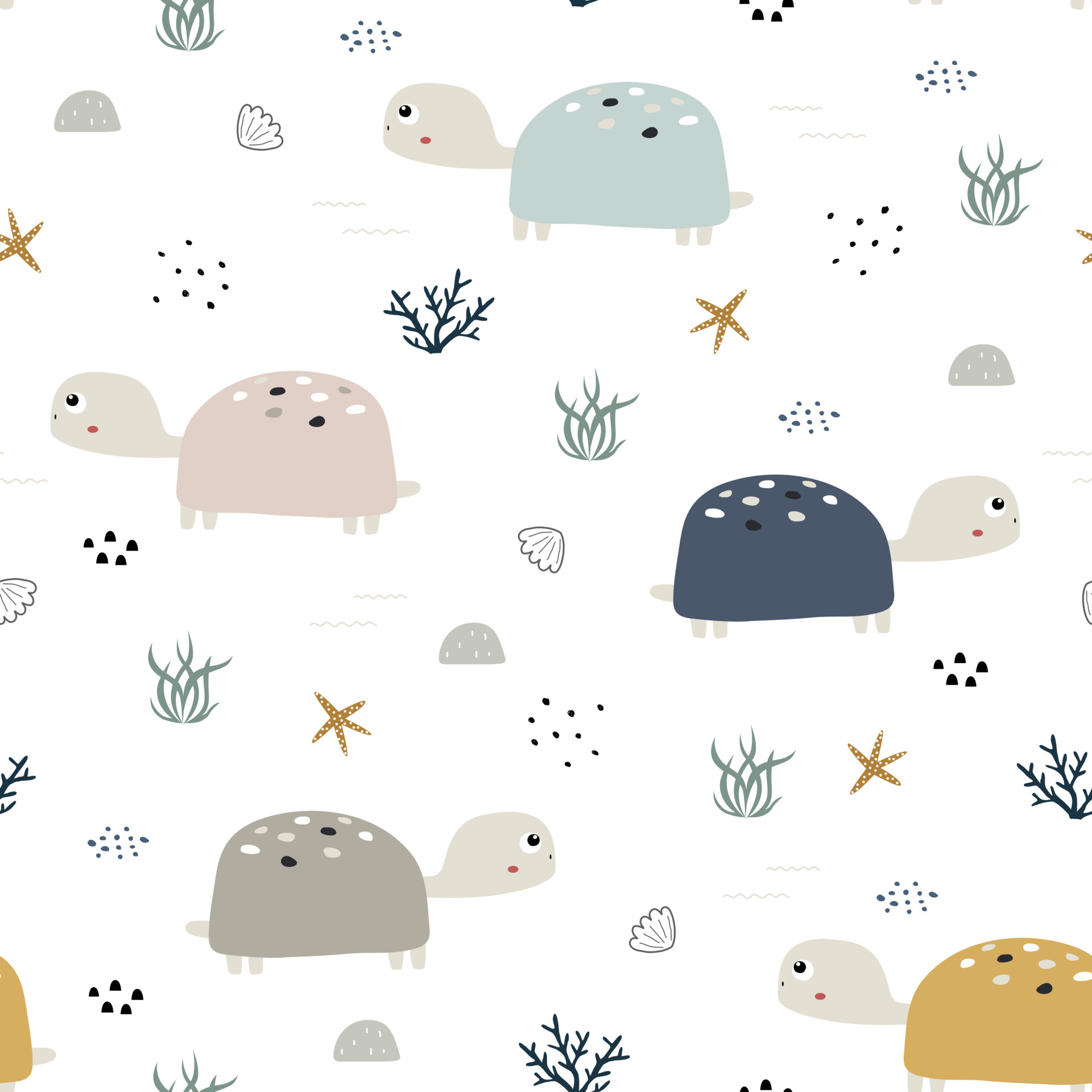 Turtle seamless pattern Cute cartoon animal background Hand drawn design in kid style, use for fabric, textile, print, wallpaper. Vector illustration