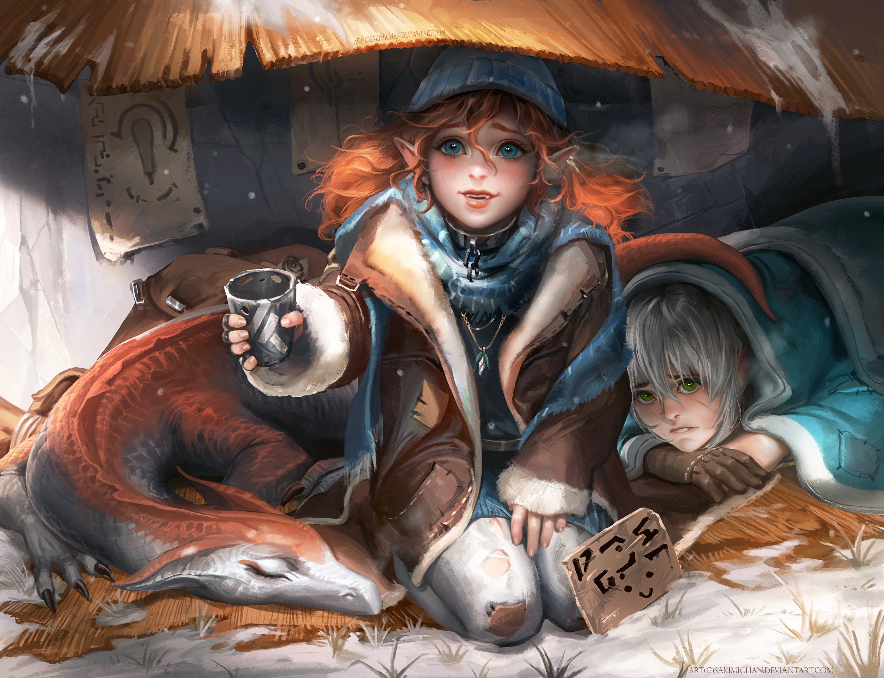 fantasy art, Sakimichan, green eyes, blue eyes, fantasy girl, redhead, dragon, necklace, scarf, elf ears, winter, Gallery HD Wallpaper