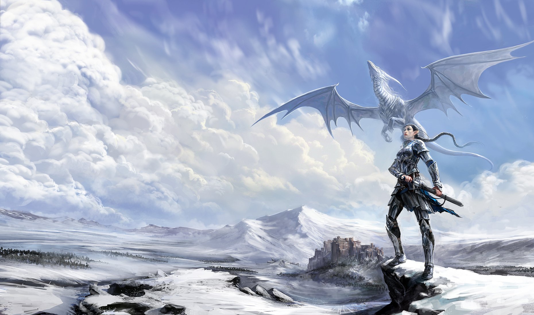 fantasy, Winter, Snow, Warrior, Girl, Dragon, Elf, Mountain, Clouds, Sky Wallpaper HD / Desktop and Mobile Background