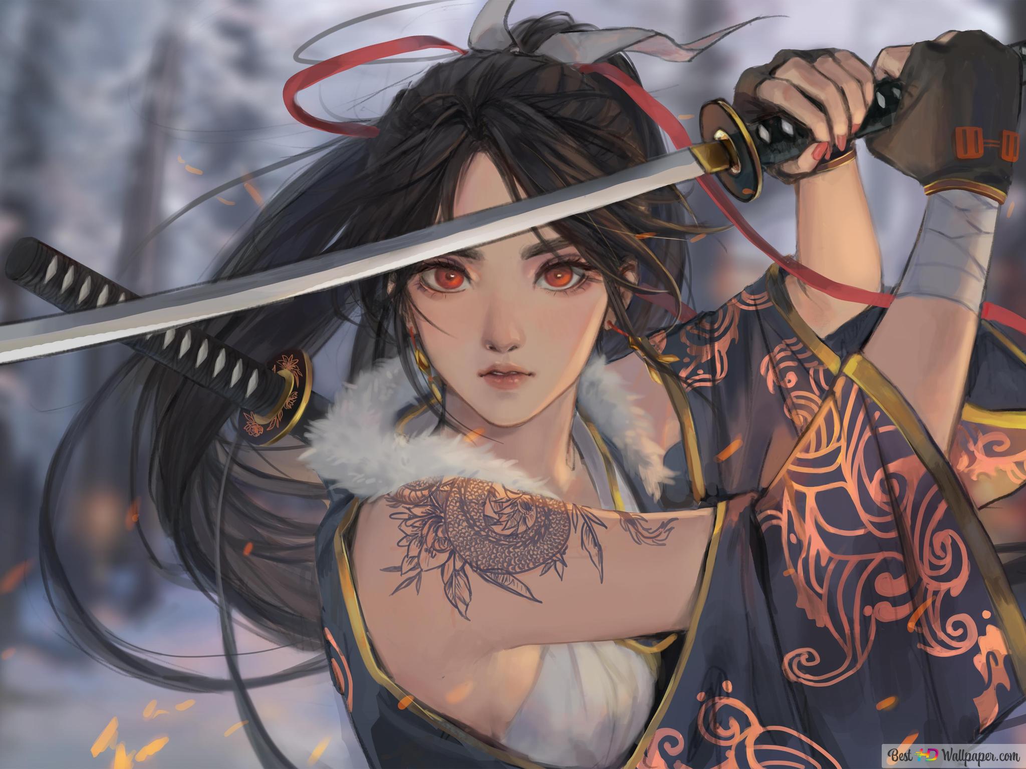 Beautiful anime samurai girl with long dark hair, tattoos, red eyes in front of blurred forest background 4K wallpaper download