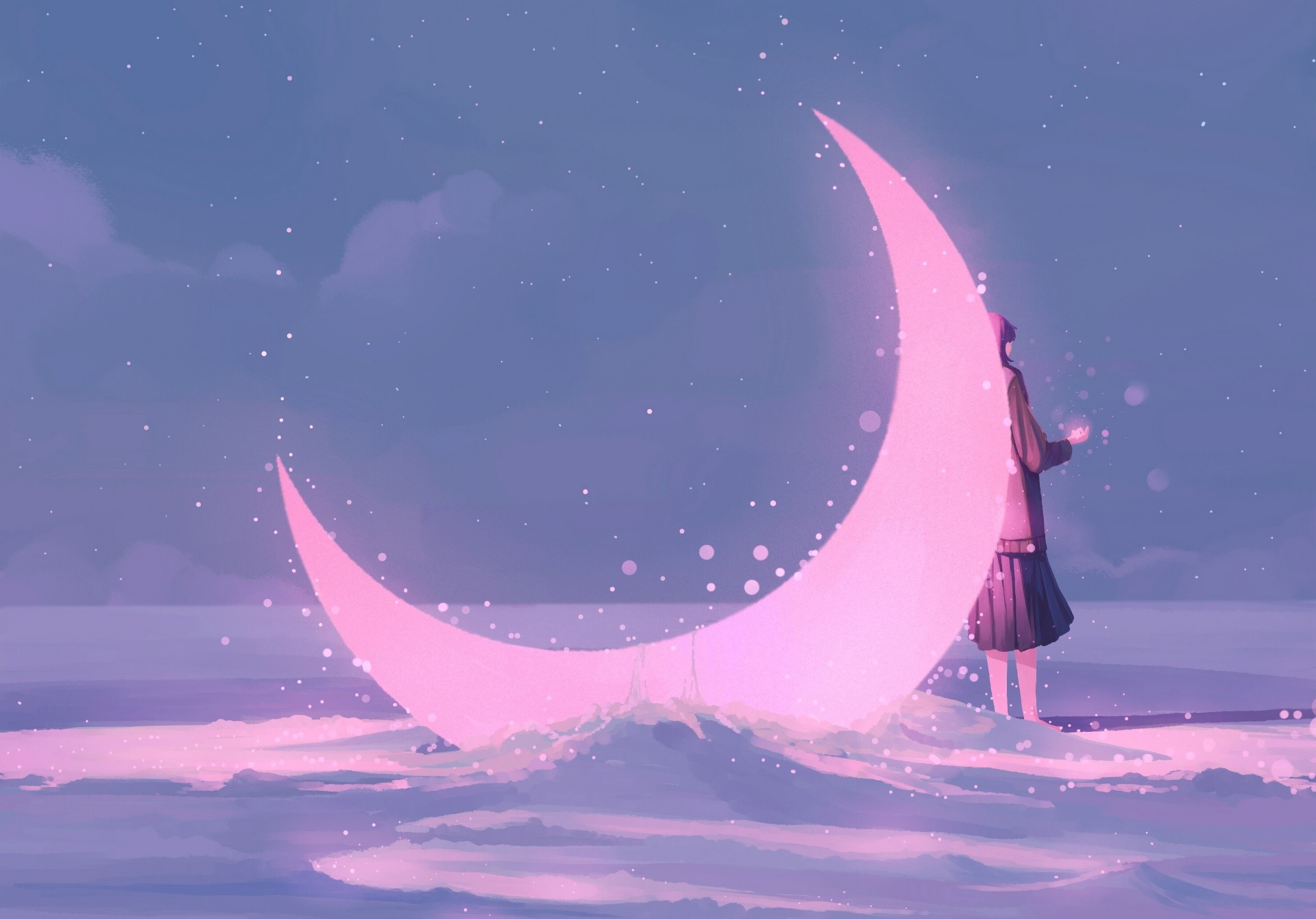 pink, snow, fantasy girl, sky, winter, artwork, Moon, fantasy art Gallery HD Wallpaper