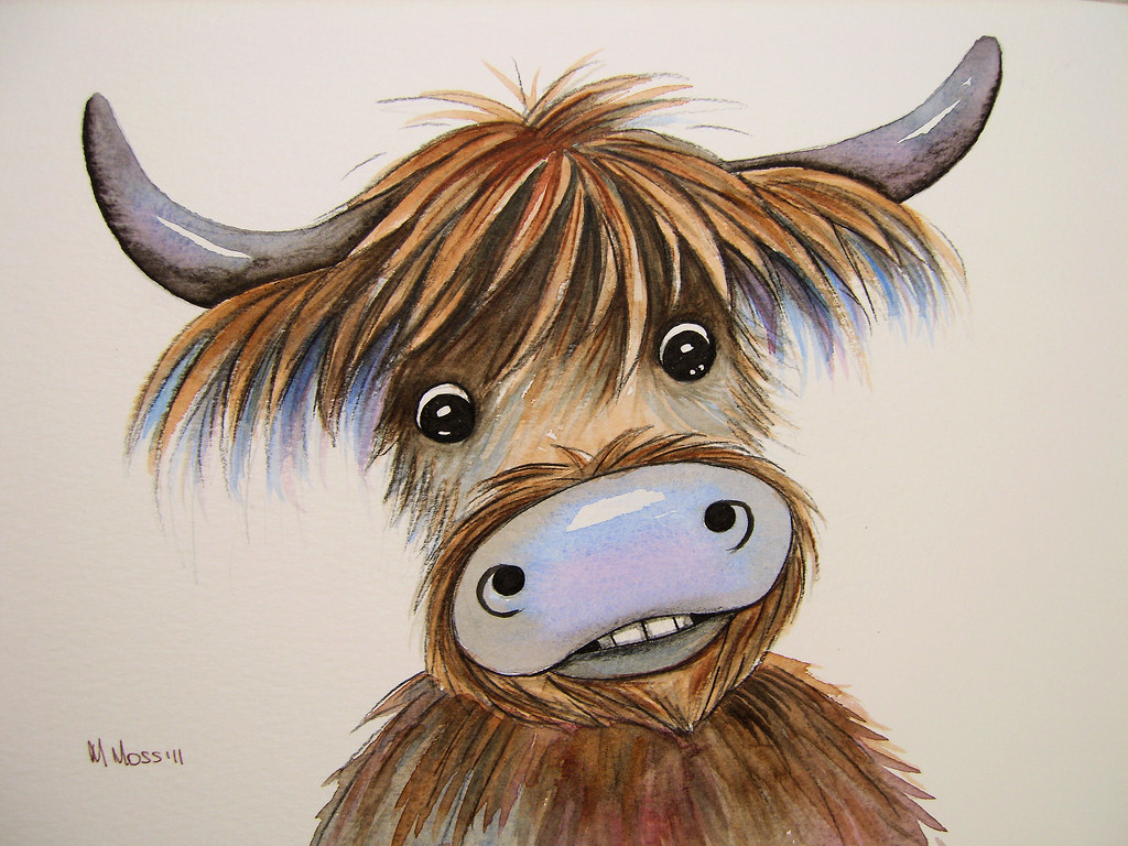 Funny highland cow watercolour. Cartoon highland cow painte