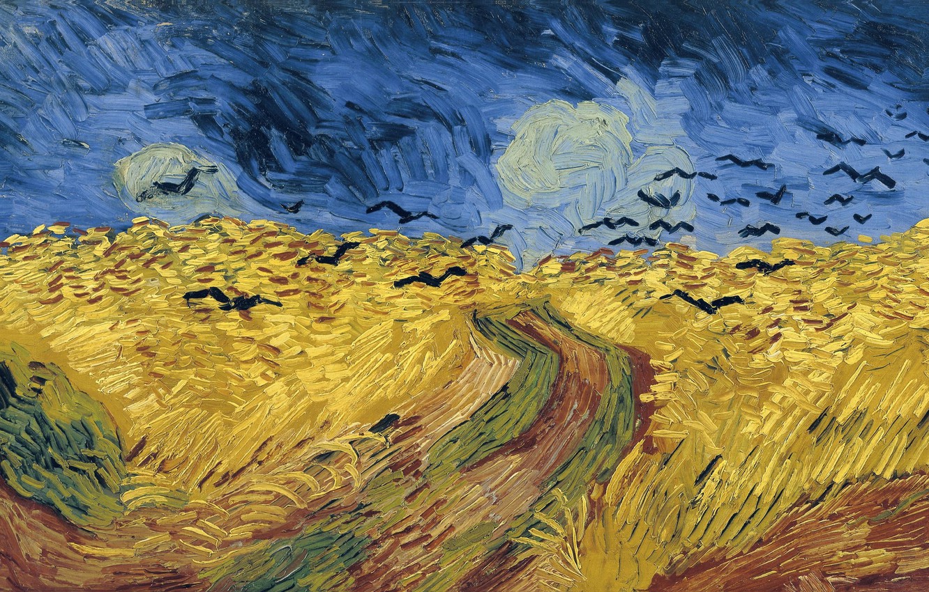 Wallpaper road, field, crows, 1890, Vincent Willem van Gogh, Wheat Field with Crows image for desktop, section живопись
