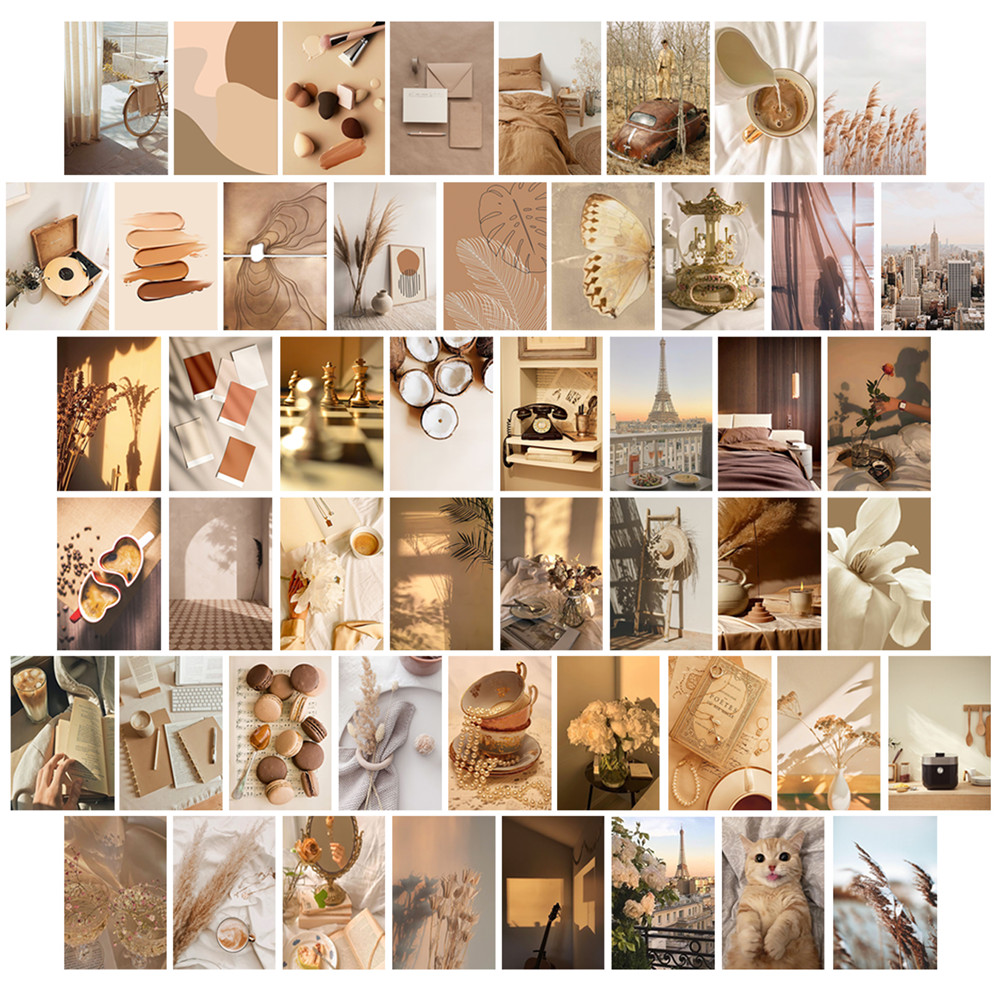 50pcs Boho Art Collage Wall Kit Brown Aesthetic Photo Butterfly Wings Sunlight Flower Picture Bedroom Study Home Decoration