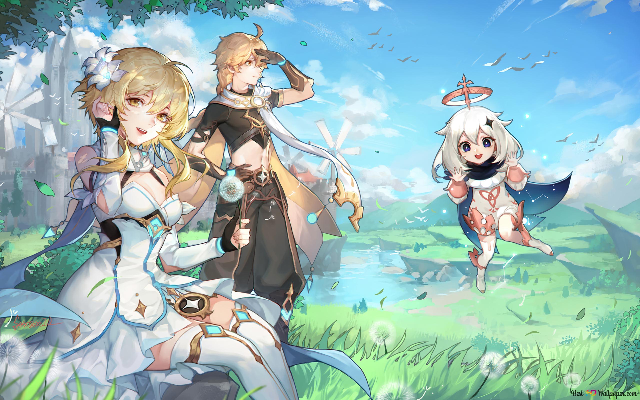 Aether with Lumine & Paimon Impact (Anime Video Game) 4K wallpaper download