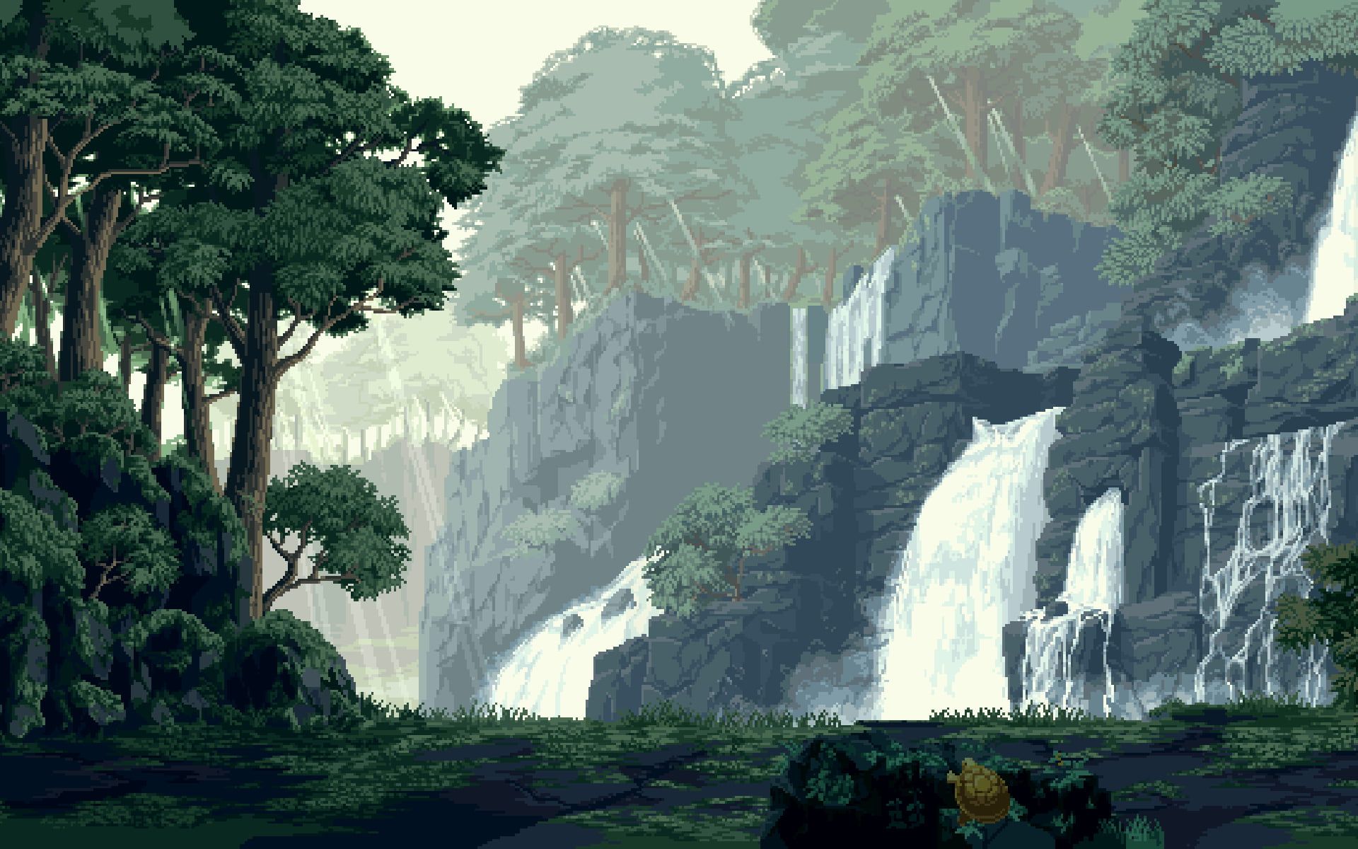 waterfalls game graphic wallpaper pixel art #forest #waterfall #artwork digital art #turtle #trees #nature #pixel. Pixel art, Digital wallpaper, Graphic wallpaper