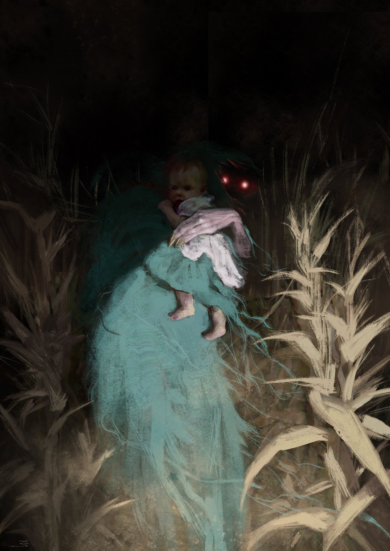 Wallpaper, horror, artwork, creepy, red eyes, night, dark, Monster anime, creature 1240x1754