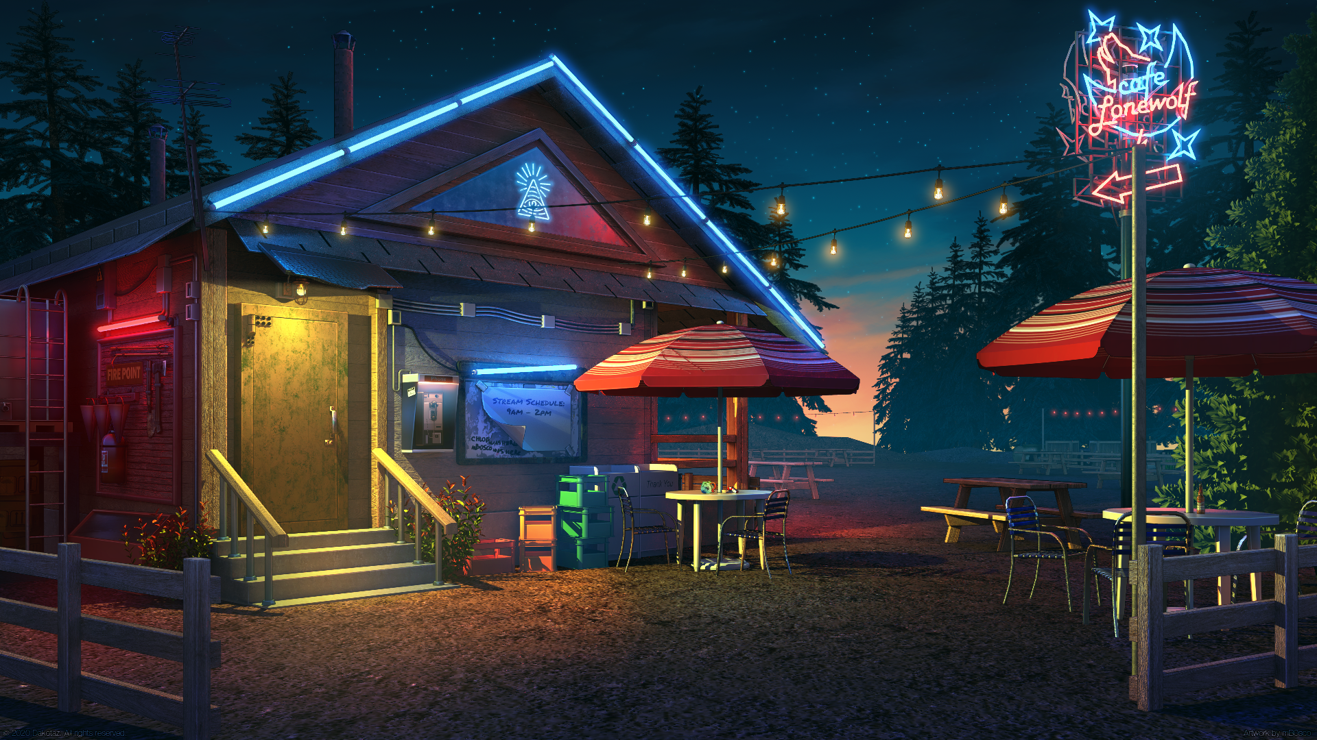 Wallpaper, artwork, digital art, night, camping, lofi, forest, trees, nature, neon lights 1920x1080