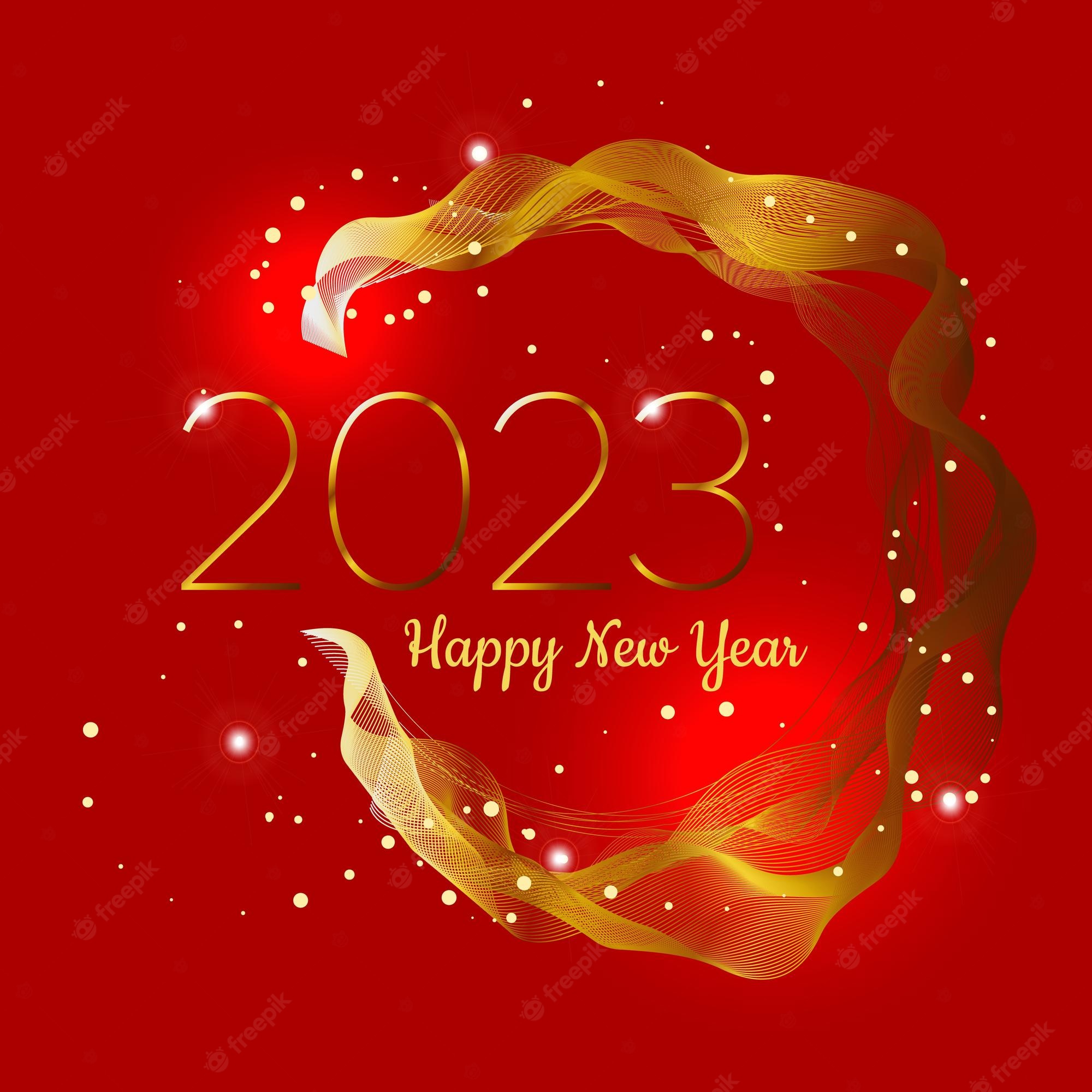 Premium Vector. Happy new year 2023 on red background with gold abstract waves