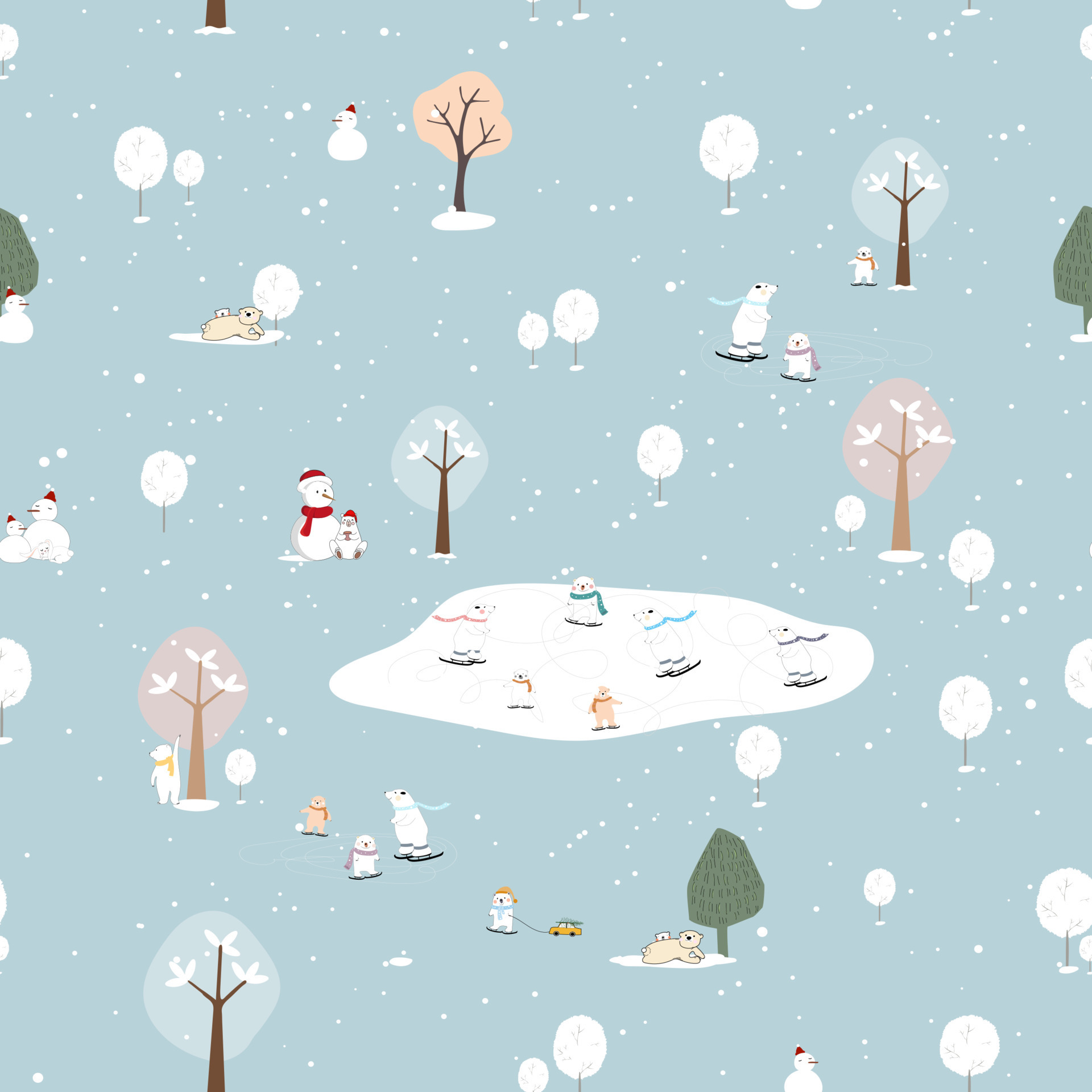 Seamless pattern Winter landscape with polar bear playing ice skate, Vector cute pattern cartoon design of nature for Christmas or New year wrapping paper or wallpaper