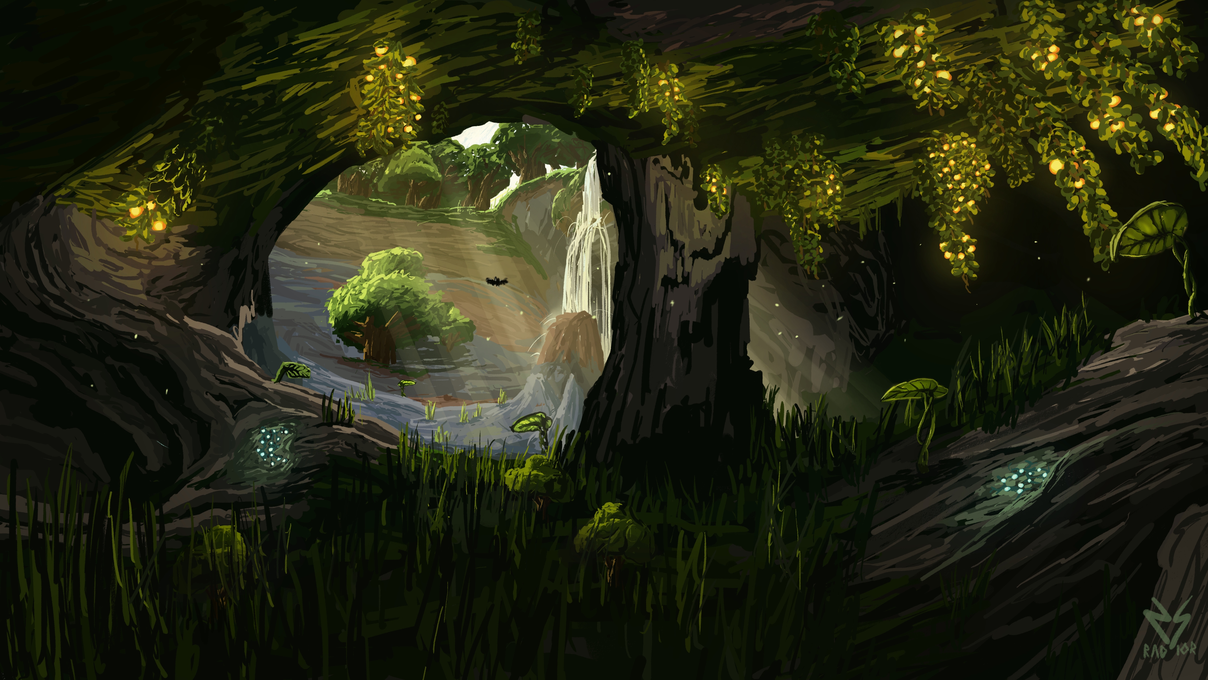 I drew myself a 4k wallpaper inspired by a beautiful lush cave from my Minecraft world