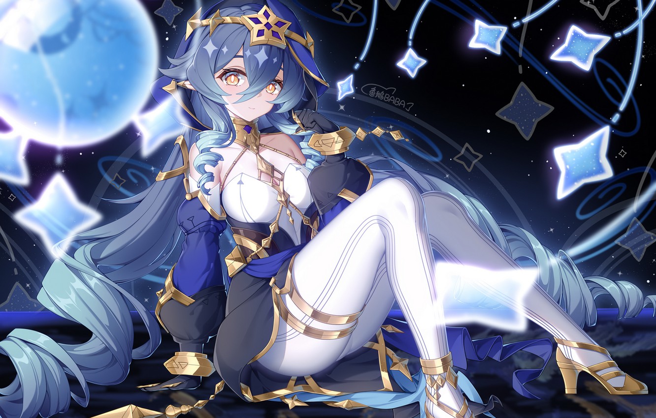 Wallpaper stars, night, smile, long hair, girl sitting, Layla, Genshin Impact, Лайла image for desktop, section игры