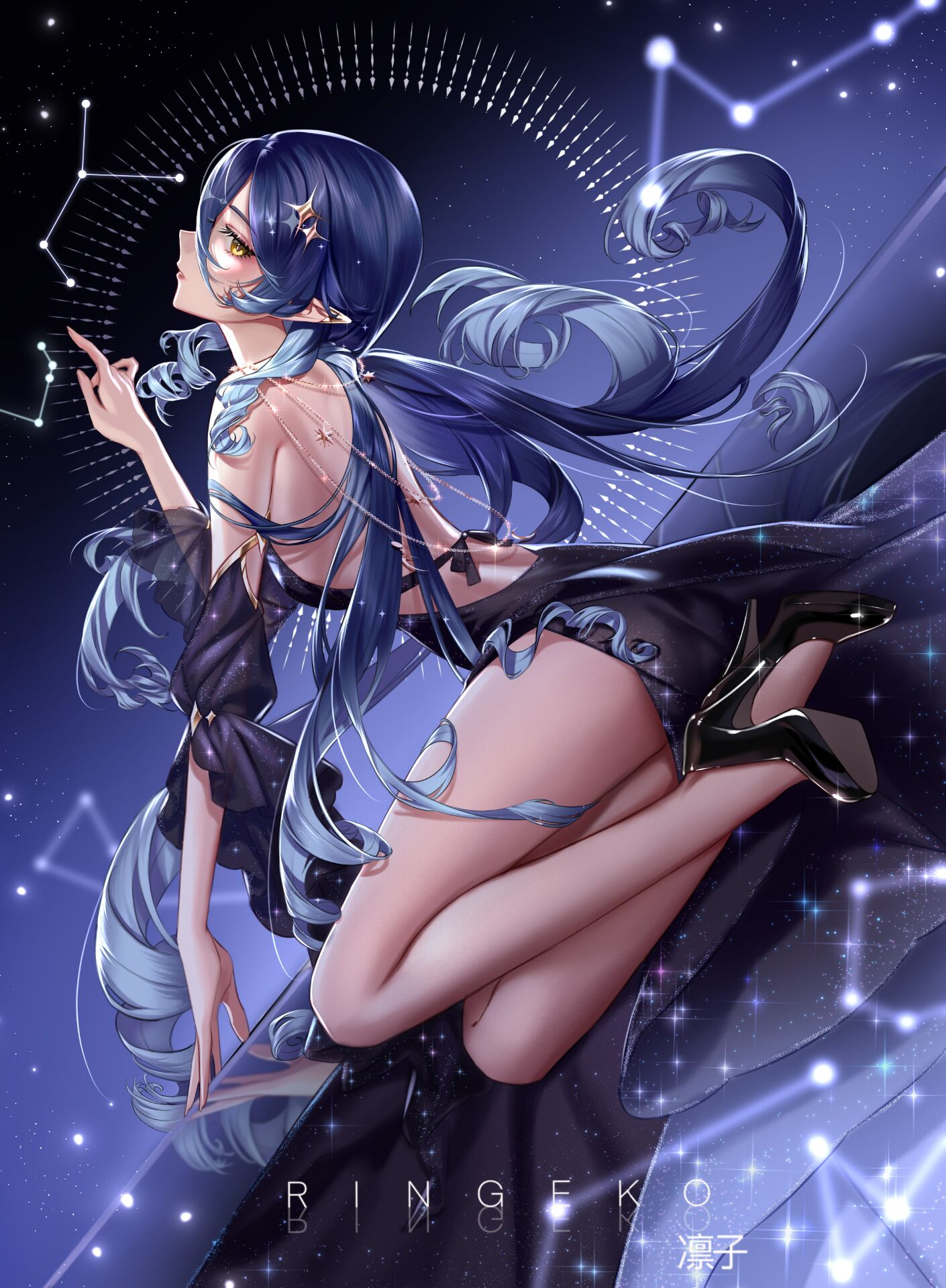 Layla Genshin Impact Leg Band Bule Dress Genshin Impact Anime Girls Pointy Ears Yellow Eyes Heels Co Wallpaper:1410x1920