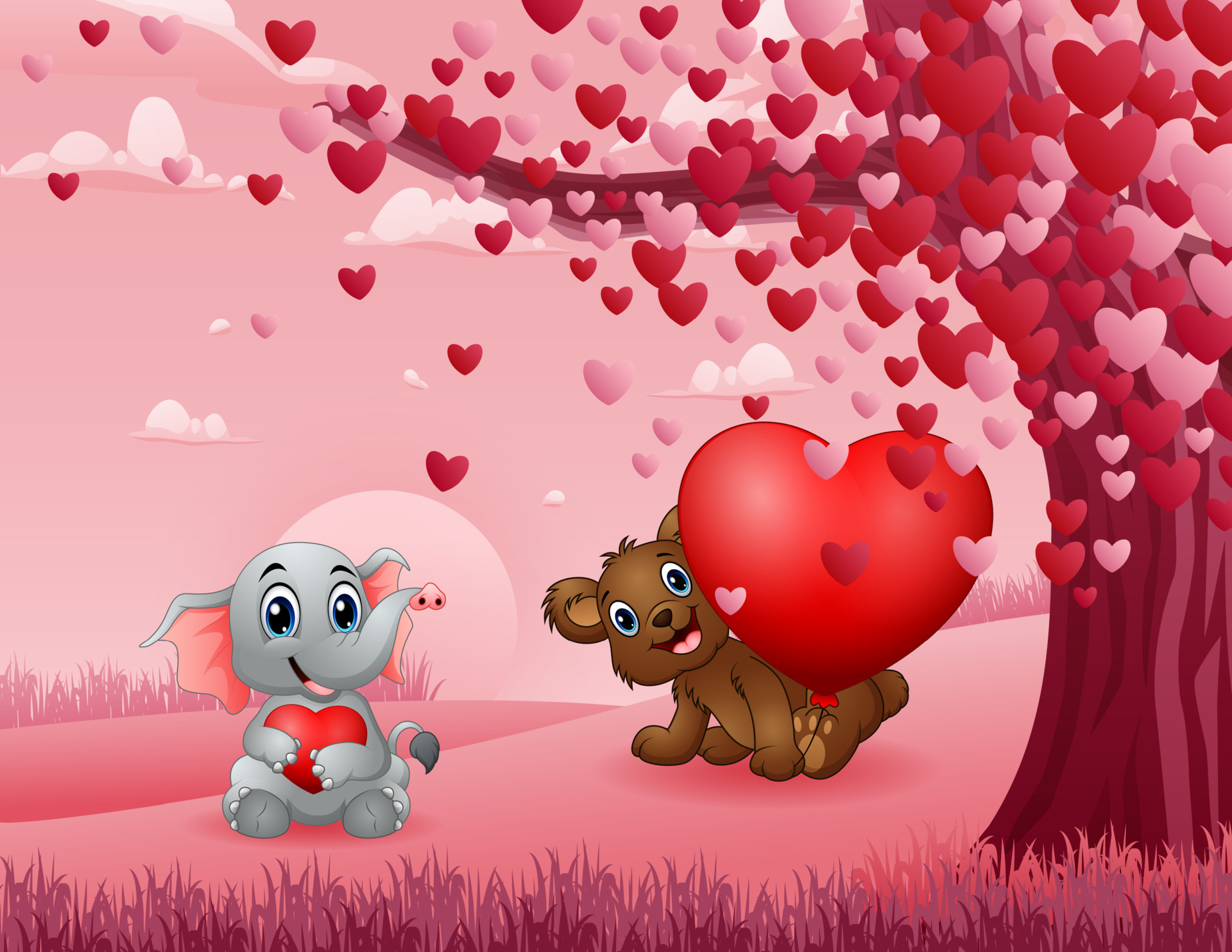 Happy Valentine Day with a bear and elephant holding red heart