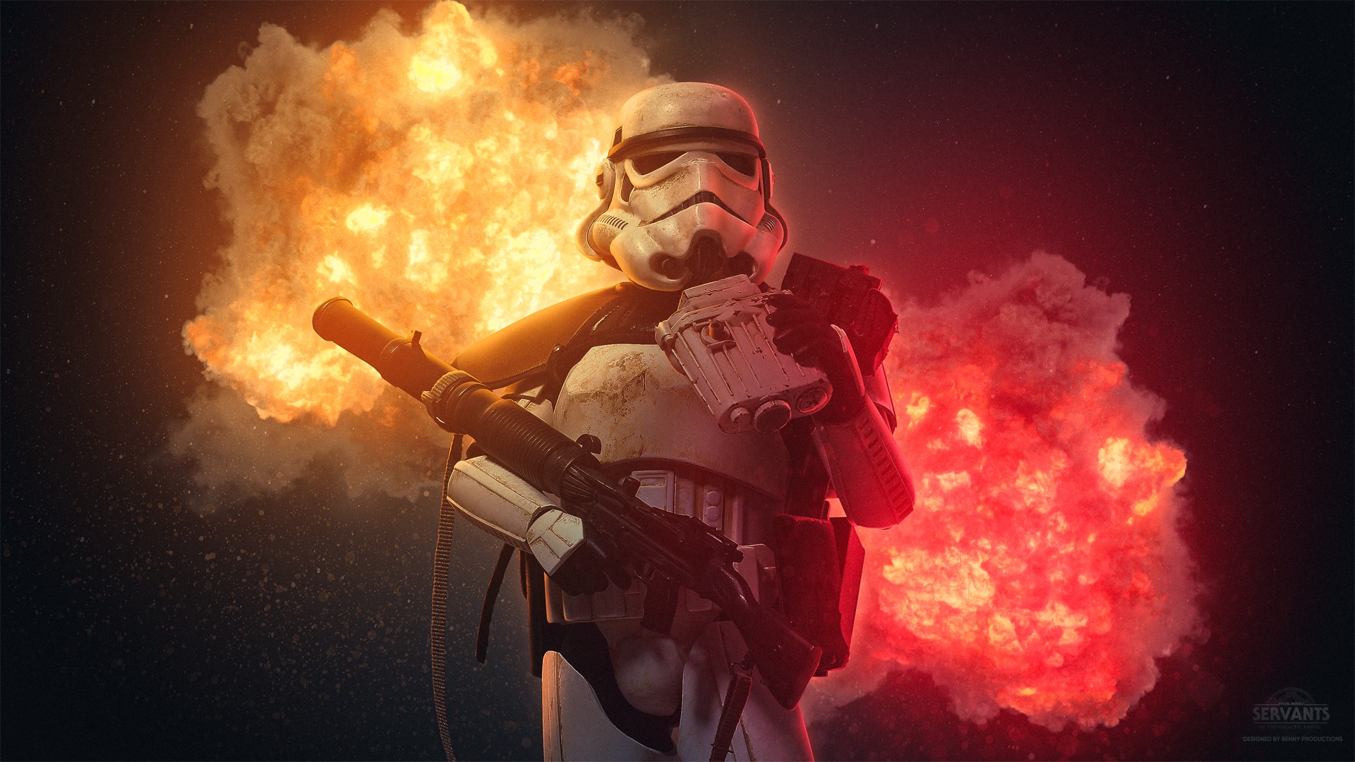 Wallpaper / Benjamin van Valen, Imperial Stormtrooper, men, blaster, explosion, armor, helmet, Star Wars, black background, Photohop free download