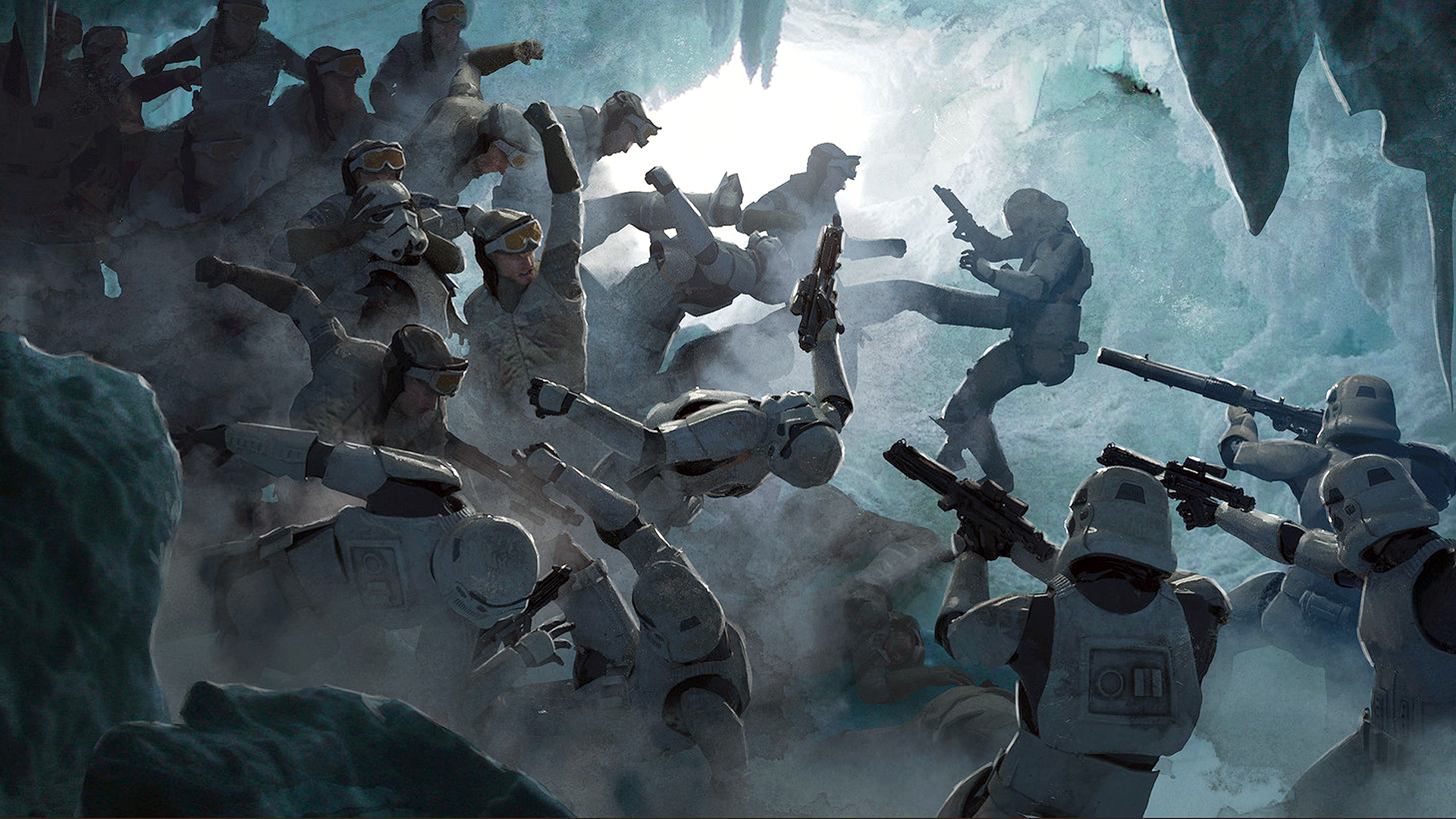 blaster, digital art, kick, Rebels, movie characters, battle, cave, ice, Guillem H. Pongiluppi, Star Wars, science fiction, artwork, stormtrooper Gallery HD Wallpaper