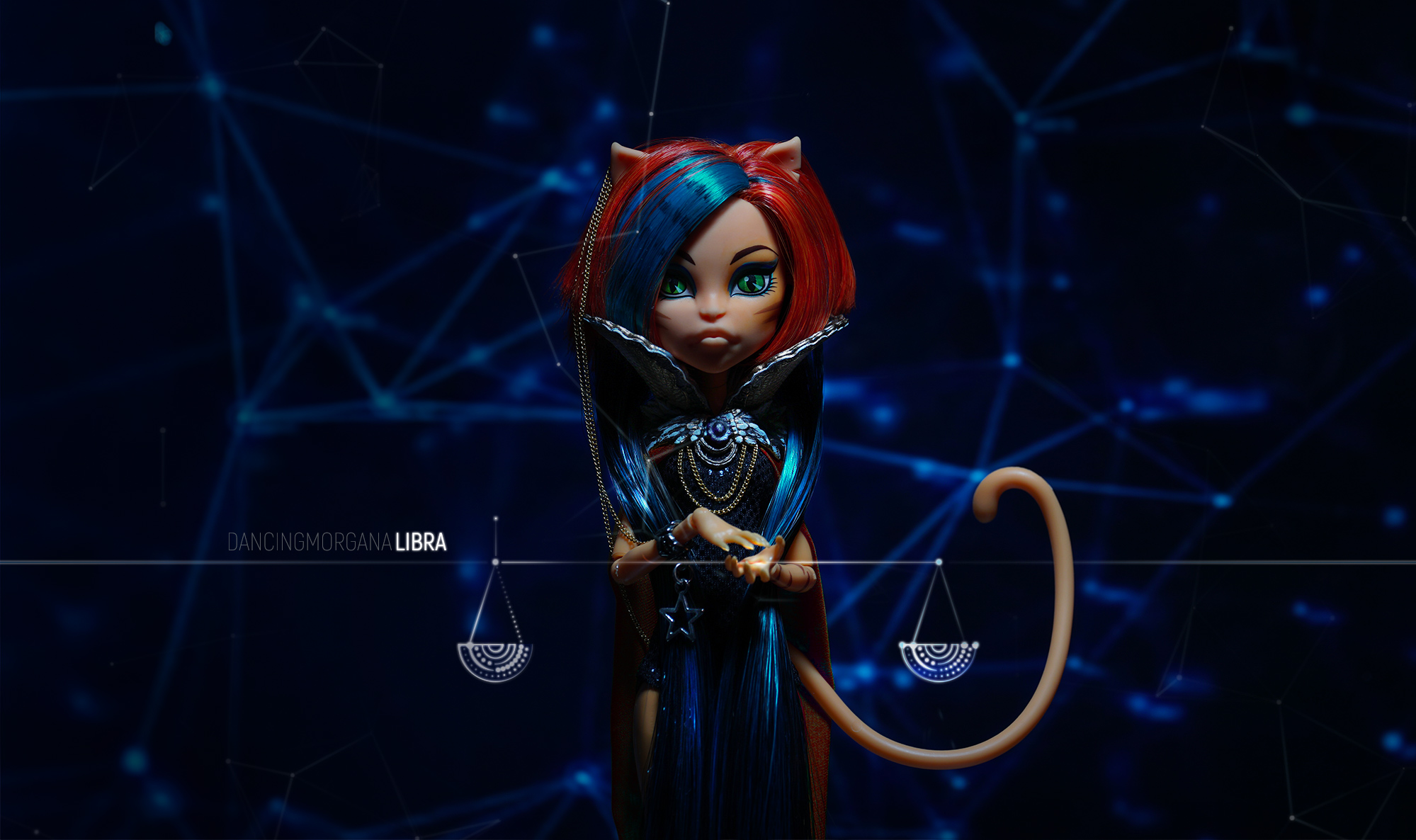 Wallpaper, personification, Zodiac, sign, monsterhigh, monster, high, doll, toralei, stripe, stars, werecat 1999x1186