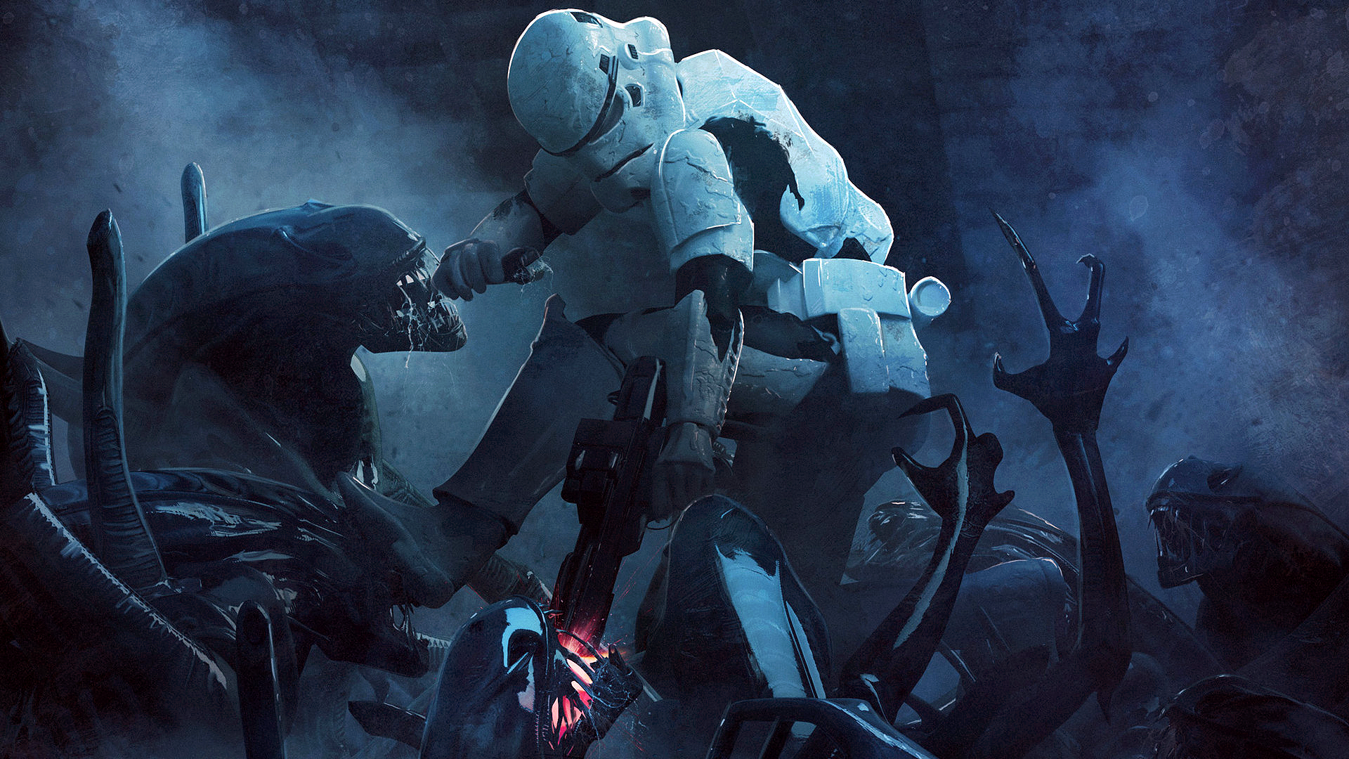 Wallpaper / Guillem H. Pongiluppi, digital art, artwork, Star Wars, stormtrooper, Alien (movie), blaster, combat, science fiction, movie characters, Xenomorph, cyan, crossover free download