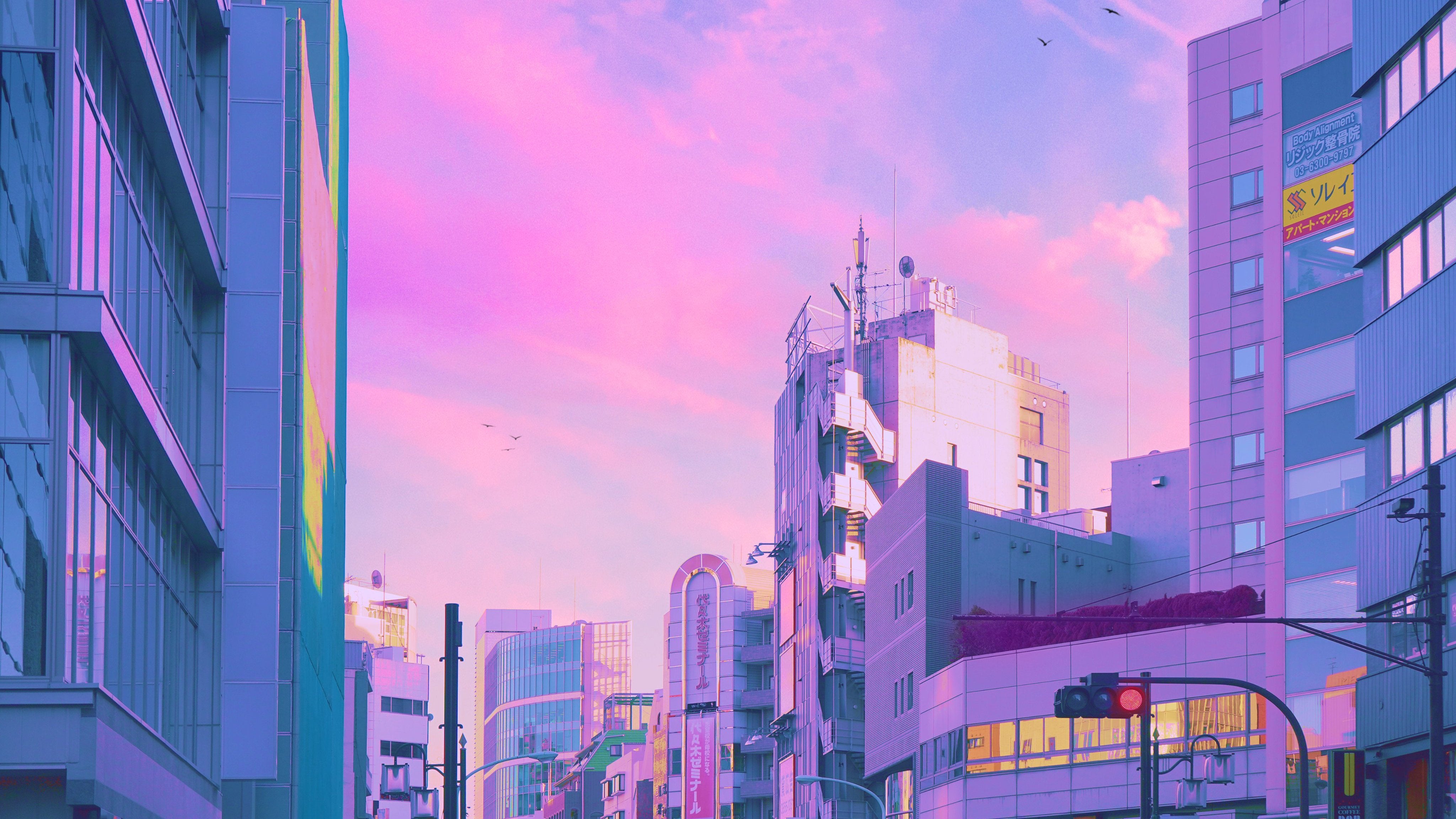 Wallpaper, pink, cityscape, skyline, clouds, building, traffic lights, Japan, Asia, urban 4096x2304
