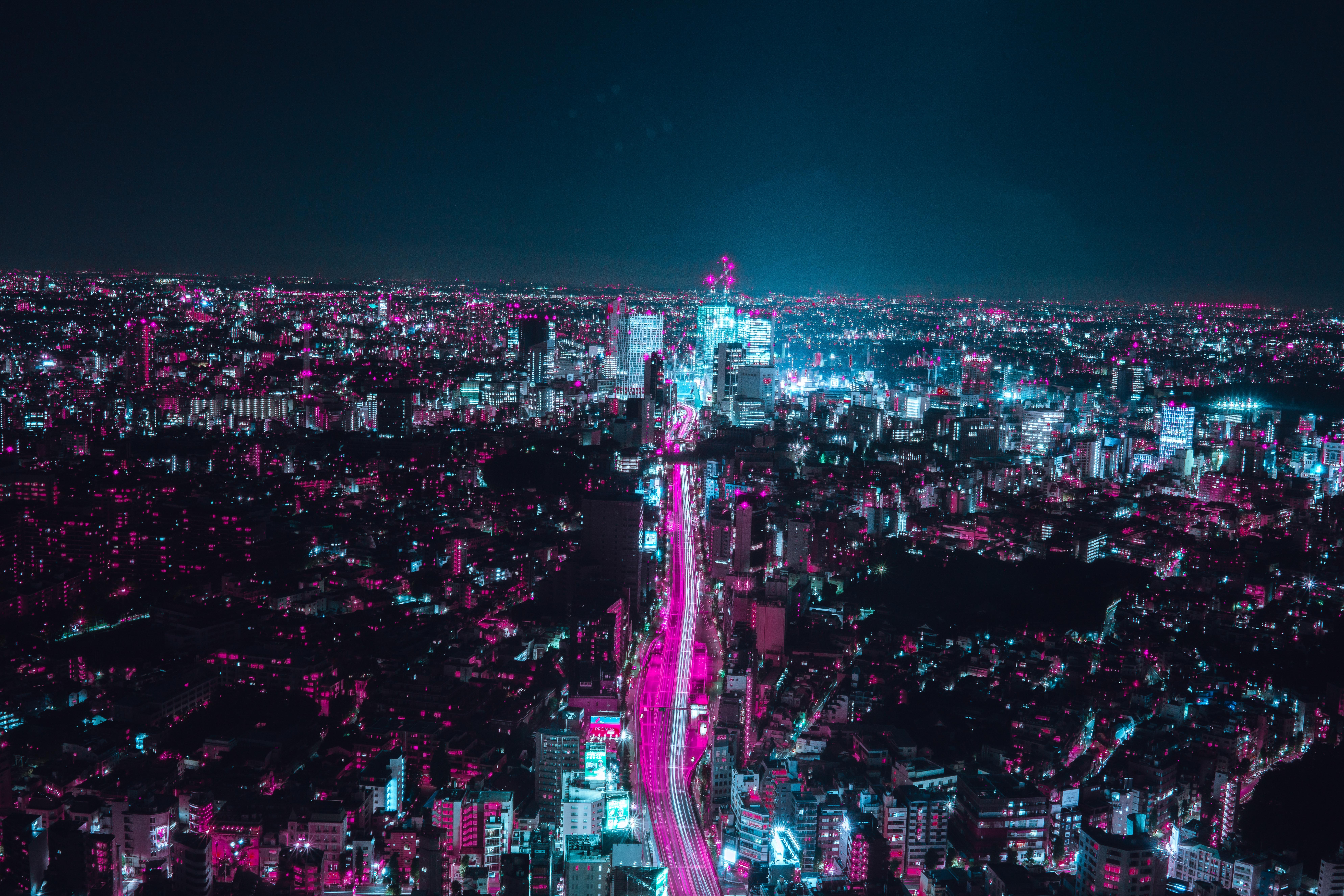 7952x5304 street, cyberpunk, city view, neon, Creative Commons image, glow, purple, cityscape, building, pink, wallpaper, city, tokyo, landscape, night, blue, desktop wallpaper, light, city light, urban Gallery HD Wallpaper