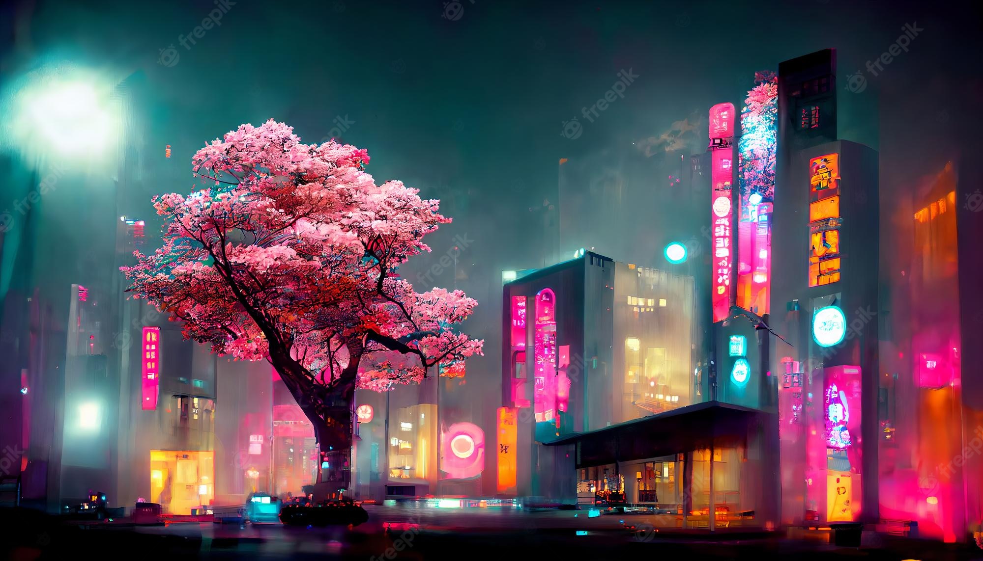 Premium Photo. Fantasy japanese night view city citycape neon pink light residential buildings big sakura tree night urban anime fantasy background