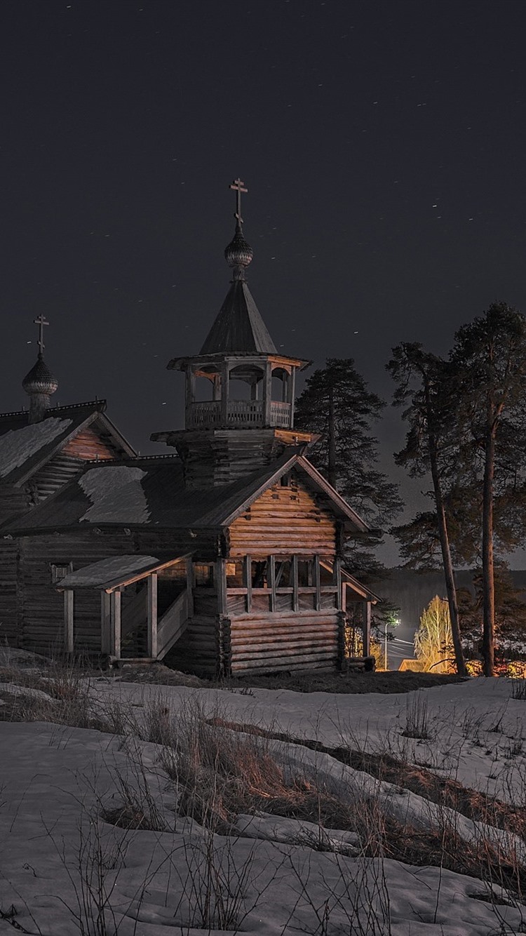 Winter, Snow, Church, Trees, Night 750x1334 IPhone 8 7 6 6S Wallpaper, Background, Picture, Image