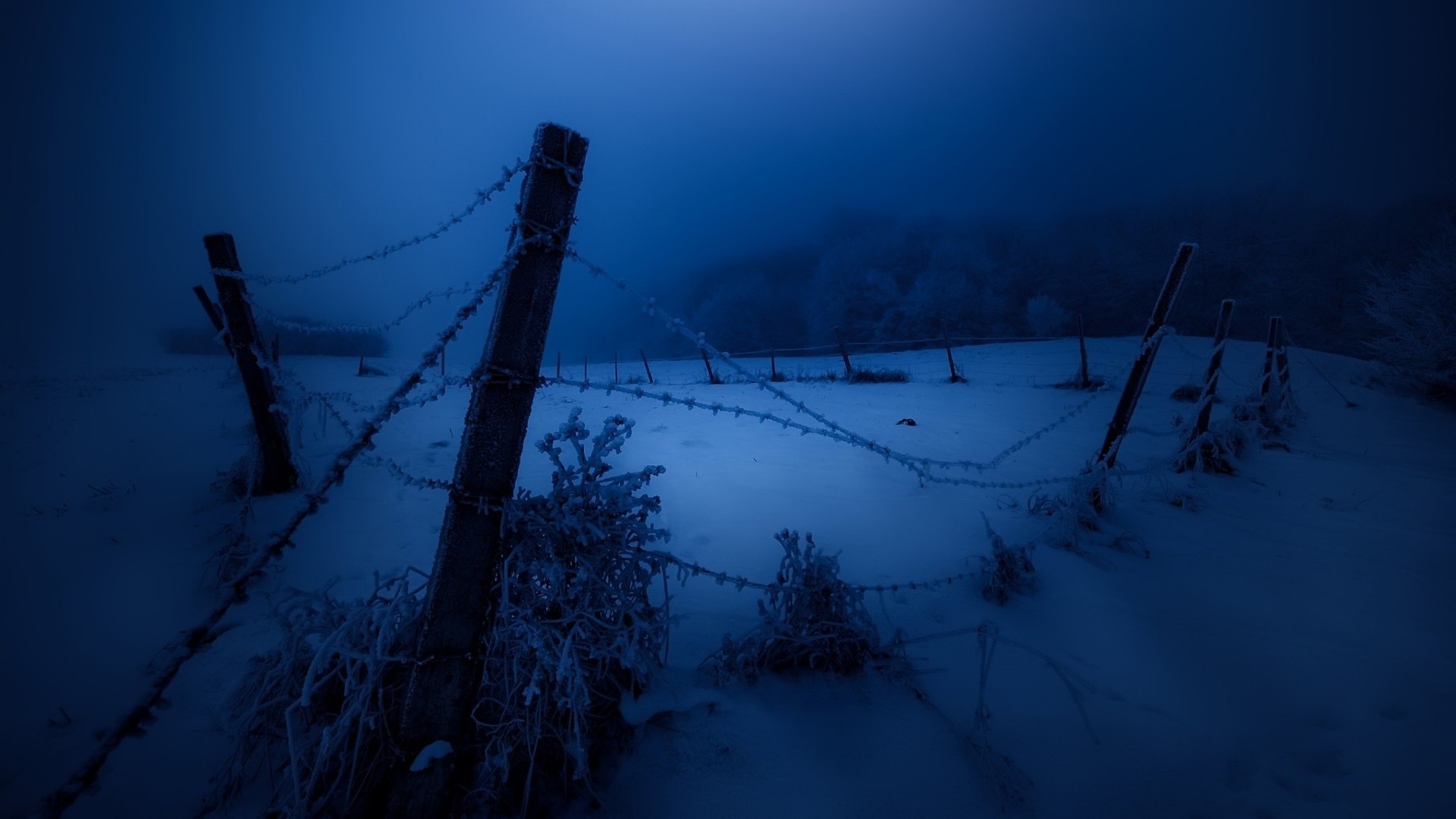 dark, cold, landscape, night, fence, snow, winter Gallery HD Wallpaper