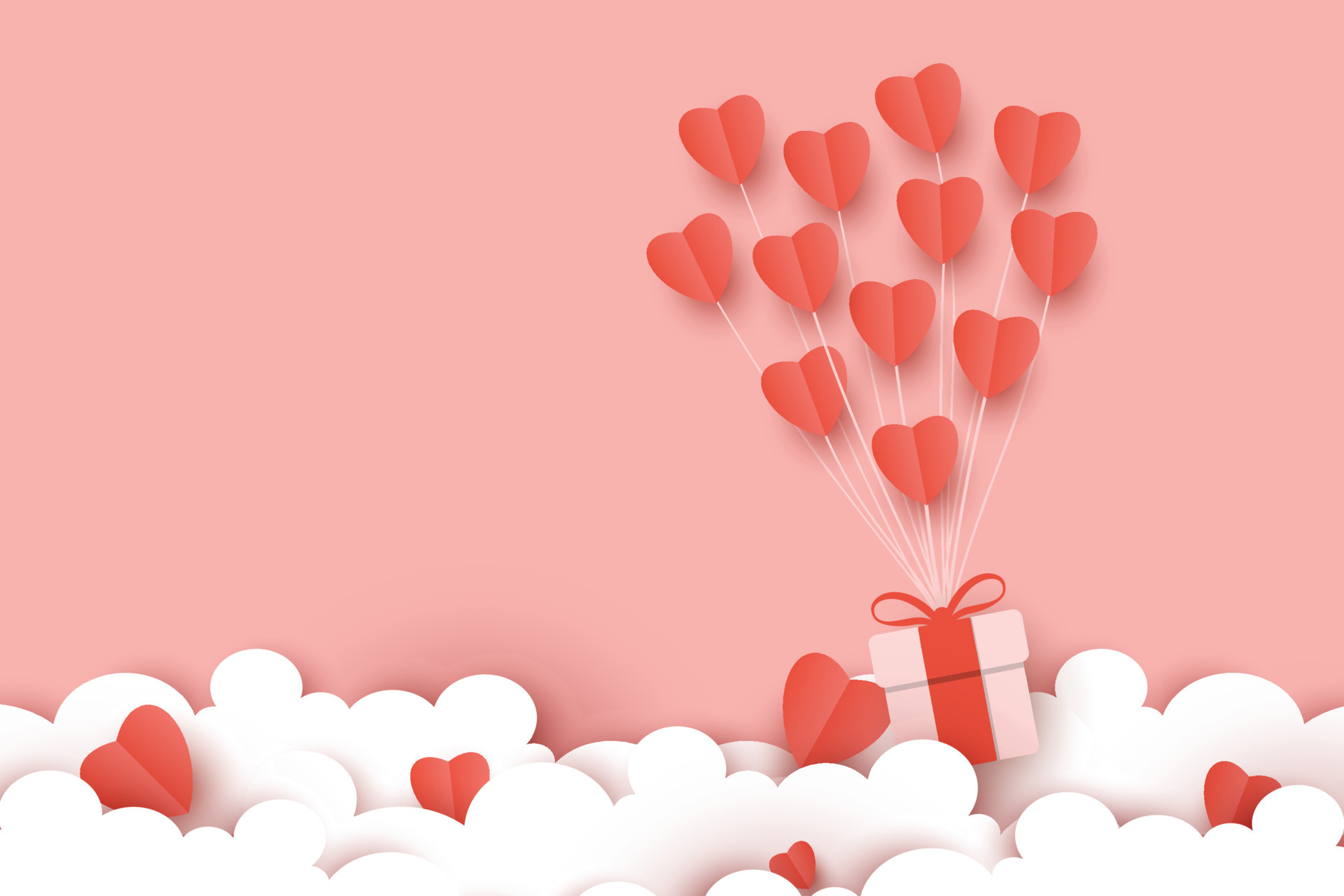 happy valentine day background vector , cute paper cut style wallpaper with soft pink color and flying love element