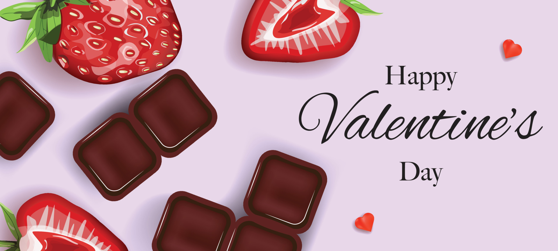 Happy Valentine's Day banner with chocolate, strawberries and hearts on pastel purple background. for banner, cards, invitation, advertisements, background. Vector background