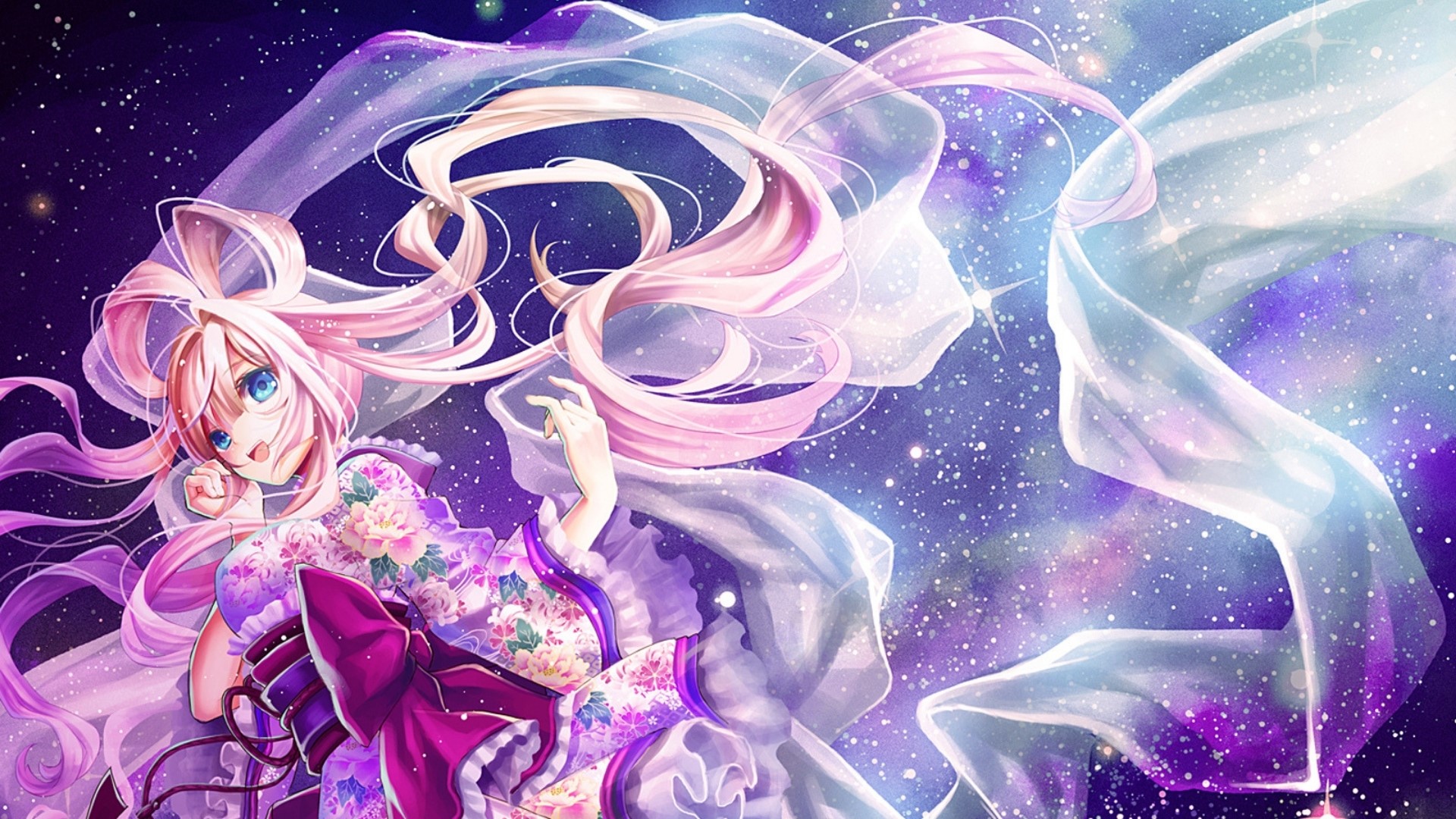 anime girls, purple background, kimono Gallery HD Wallpaper