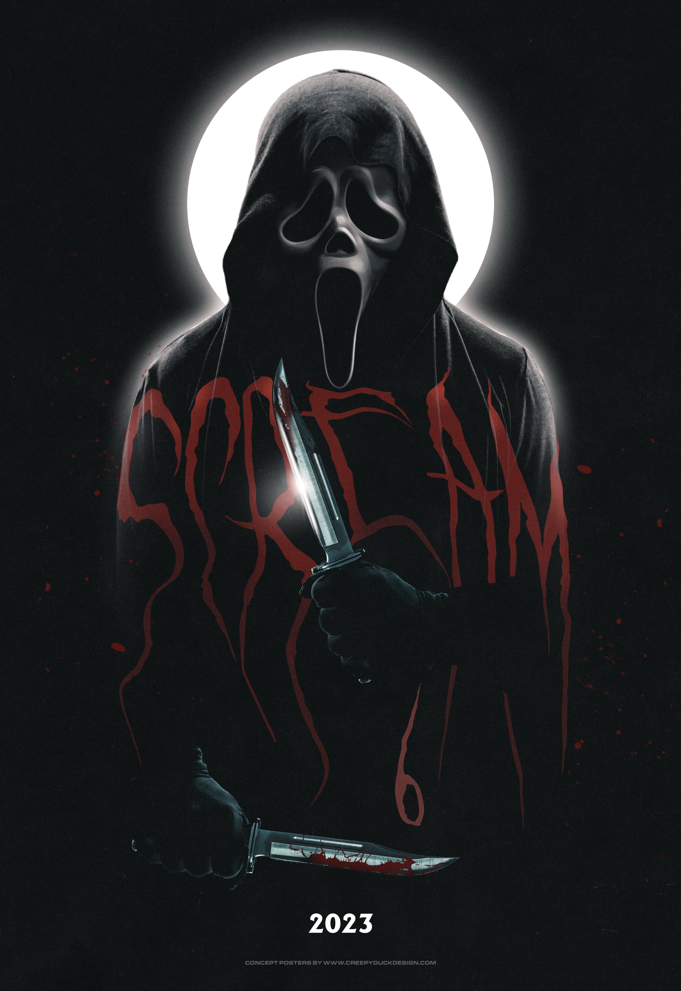 Creepy Duck Design's another new #scream 6 concept poster to lead you into the weekend. Featuring a double knifed #Ghostface doing his creepy thing in the moonlight! #HorrorMovies #digitalart #