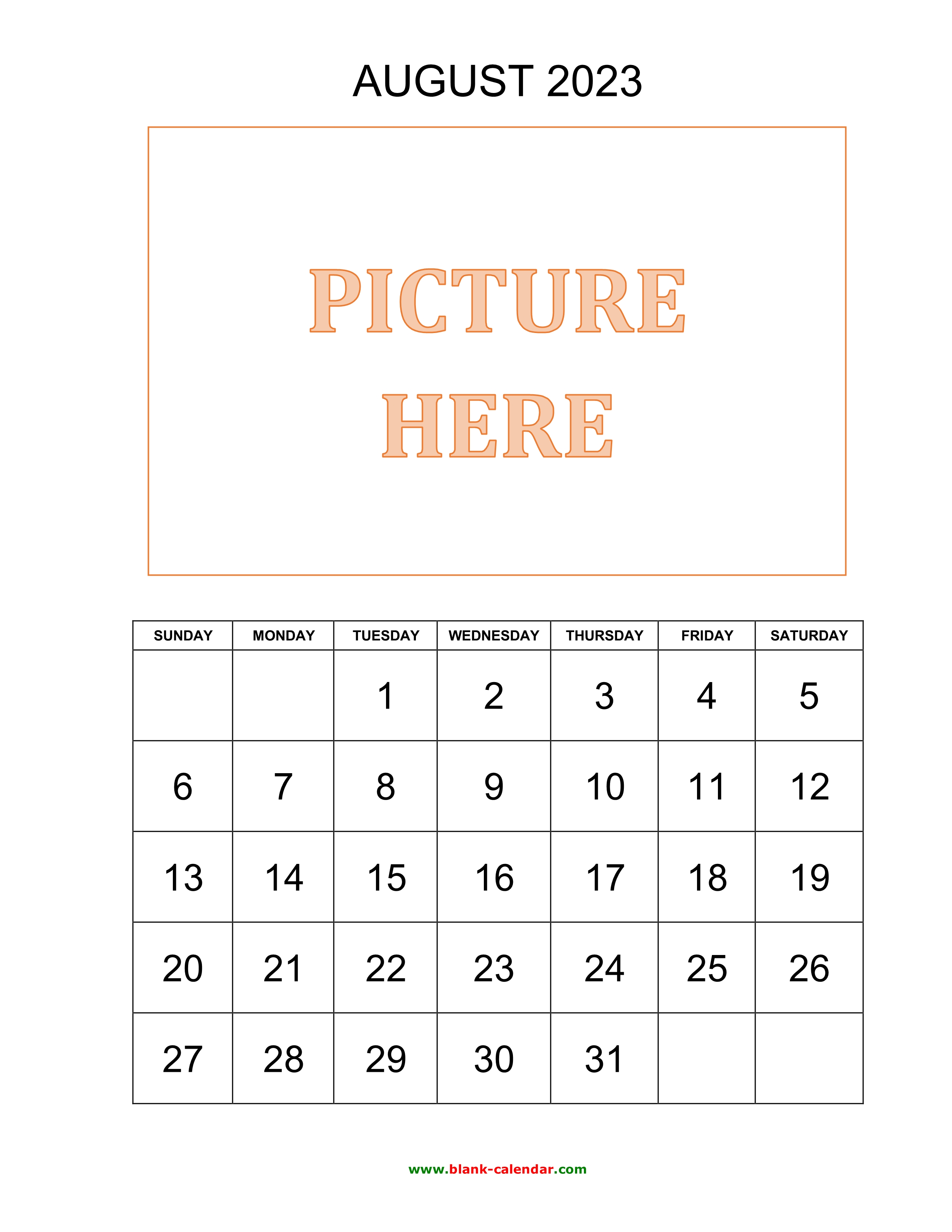 Free Download Printable August 2023 Calendar, picture can be placed