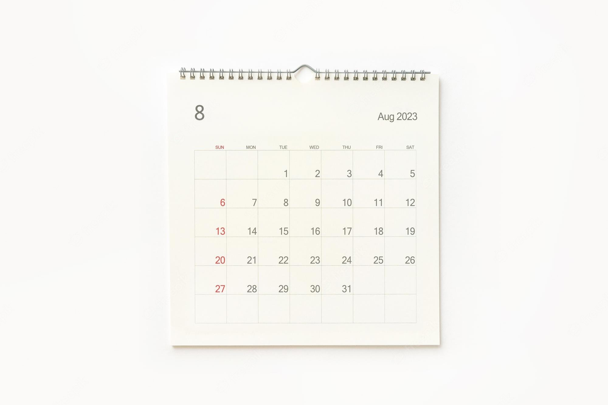Premium Photo. August 2023 calendar page on white calendar background for reminder business planning appointment meeting and event