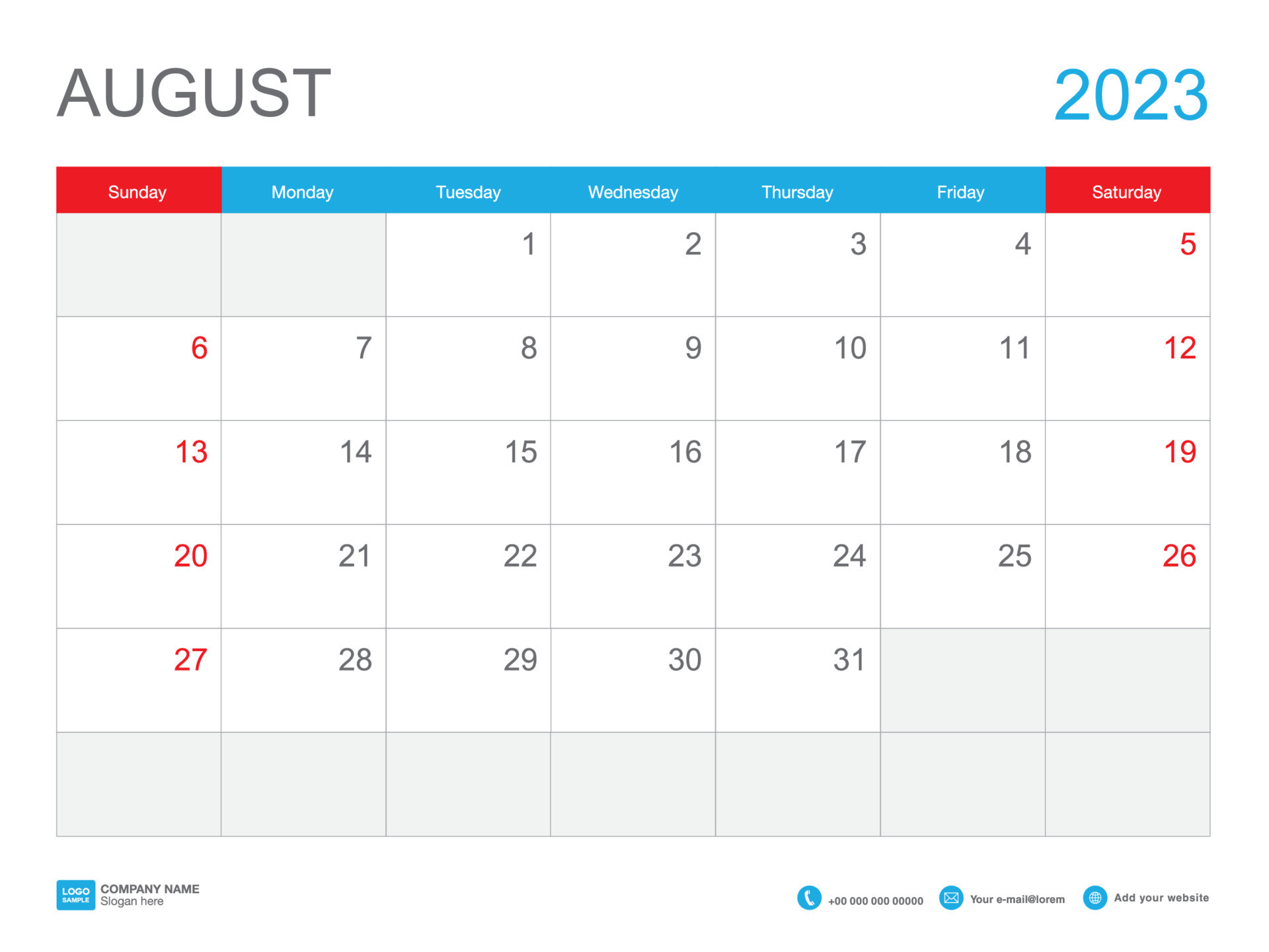 August 2023 -Calendar 2023 design, Desk Calendar 2023 , Planner simple, Week starts Sunday, Stationery, Wall calendar, printing, advertisement, vector illustration
