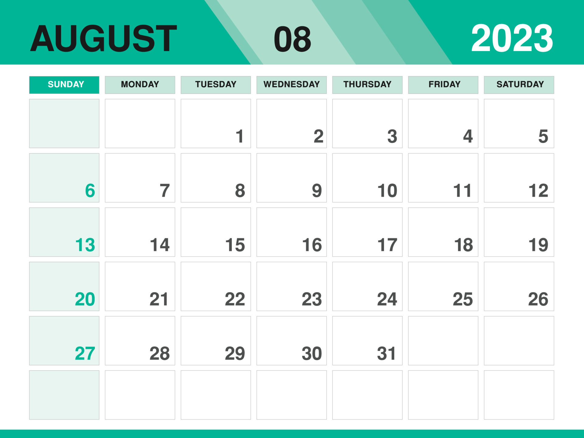 August 2023 , Calendar 2023 vector, planner monthly design, Desk calendar Wall calendar design, Minimal style, advertisement, poster, printing media, green background concept