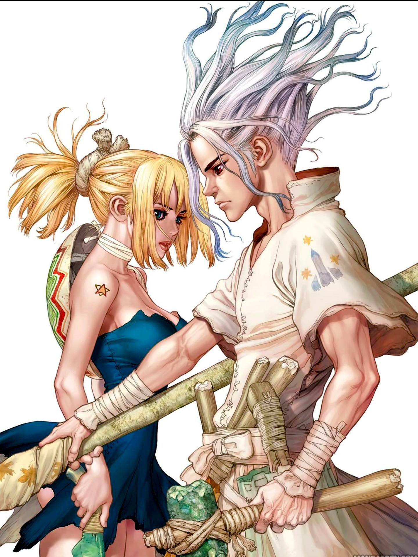 Dr. Stone, anime boys, cover art, blonde, Senkuu Ishigami, fantasy art, Boichi, women, Kohaku (Dr. Stone), anime girls, anime Gallery HD Wallpaper