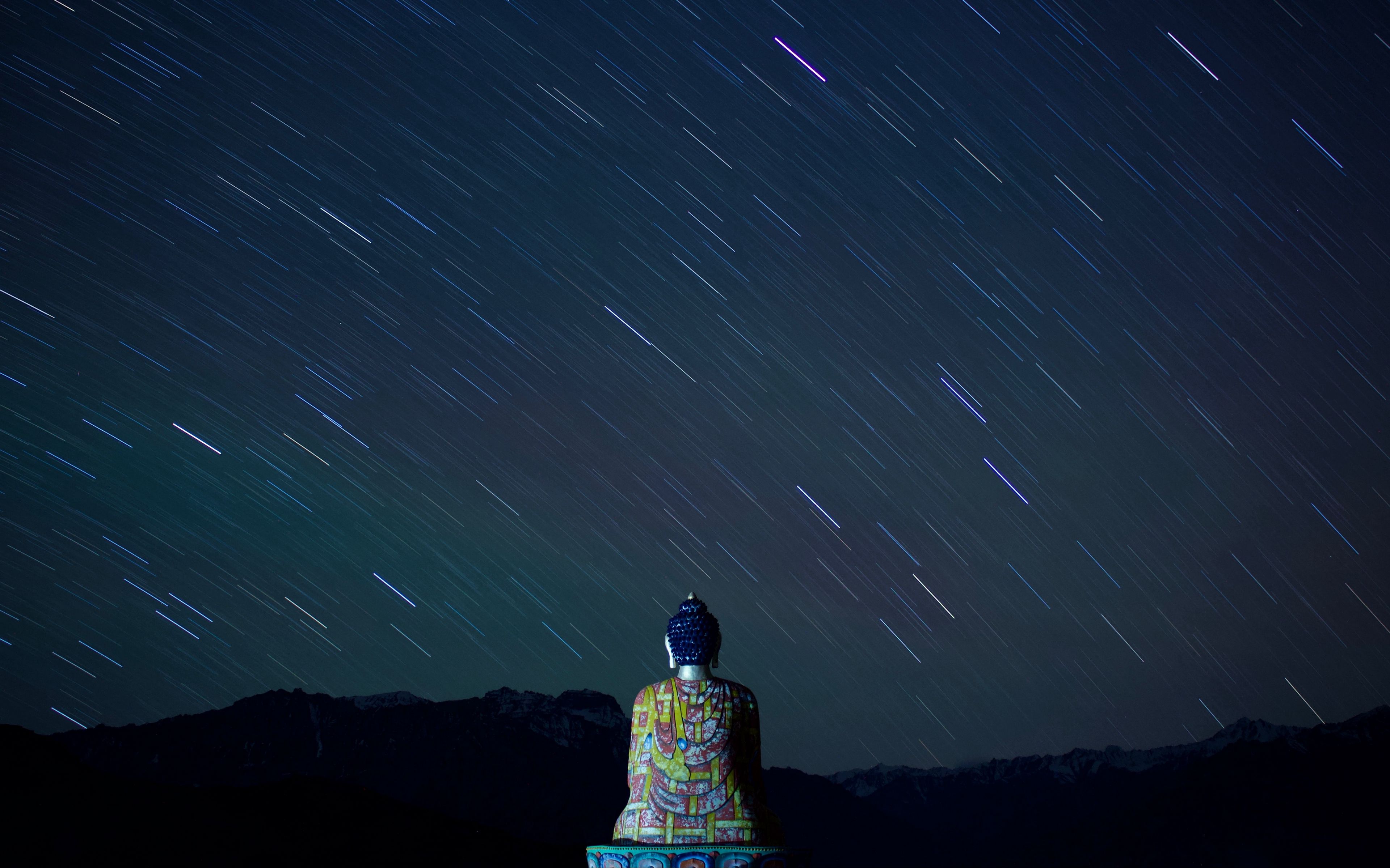 Download wallpaper 3840x2400 buddha, statue, buddhism, starry sky, night 4k ultra HD 16:10 HD background