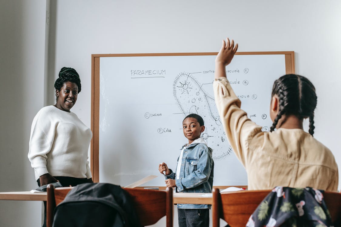 Black woman and students during lesson · Free