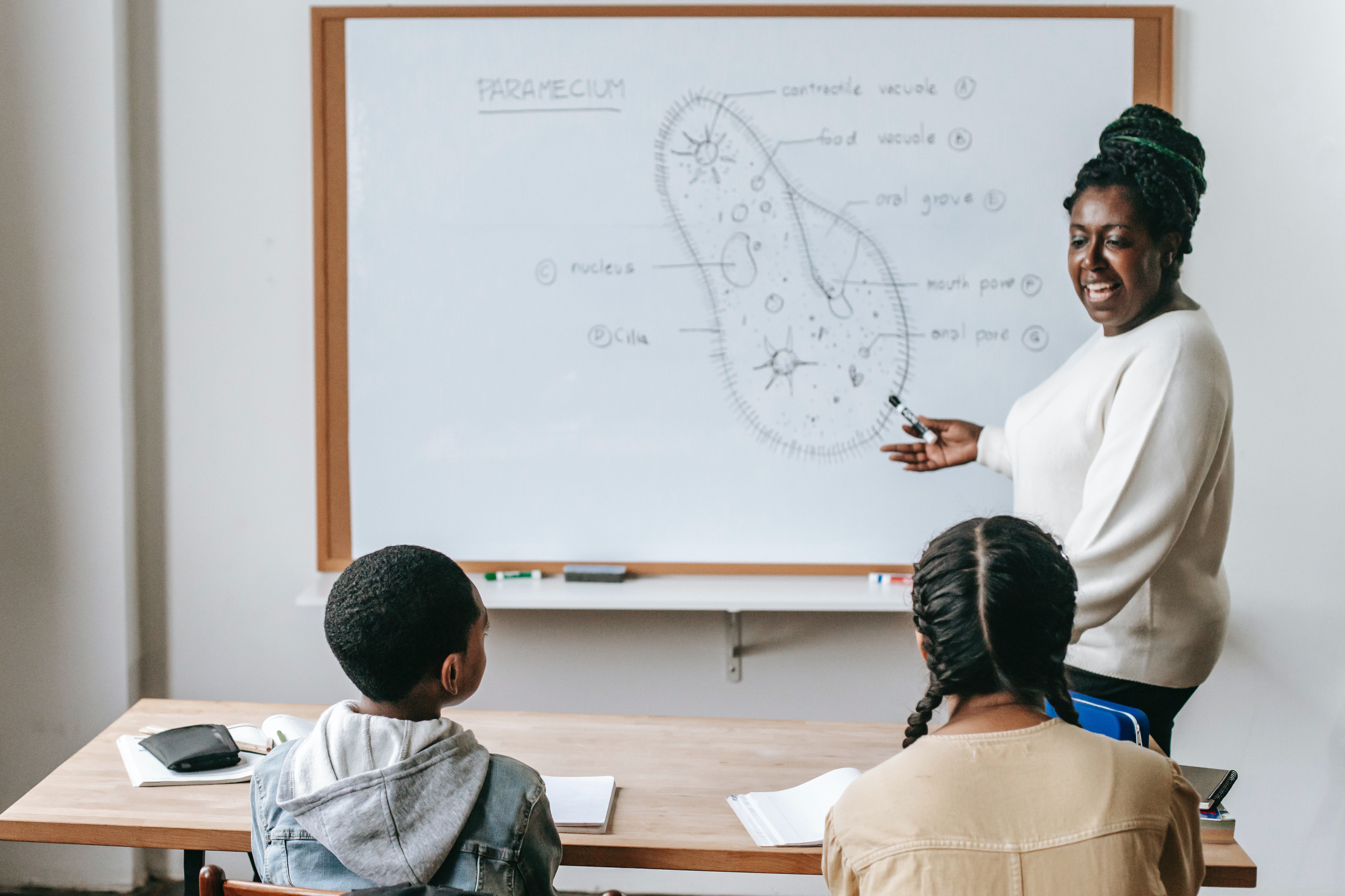 Cheerful black woman explaining structure of bacteria to pupils · Free