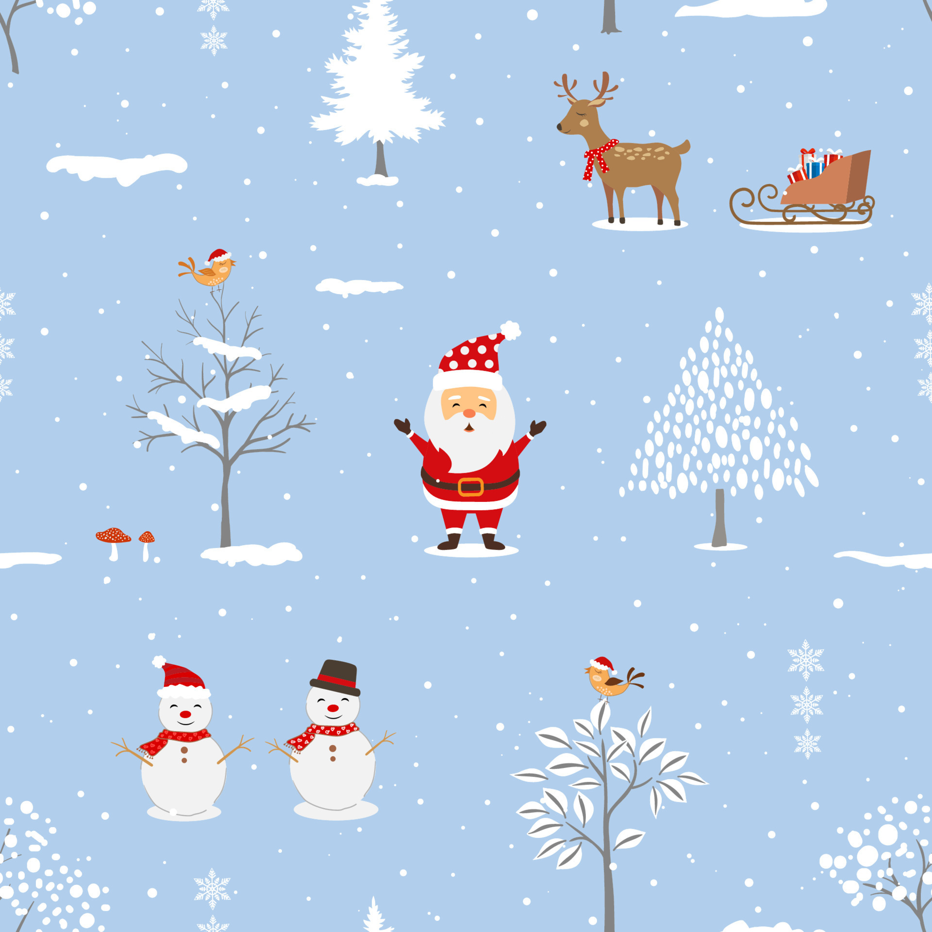 Winter holiday seamless pattern on soft blue background with Santa Claus happy on winter night