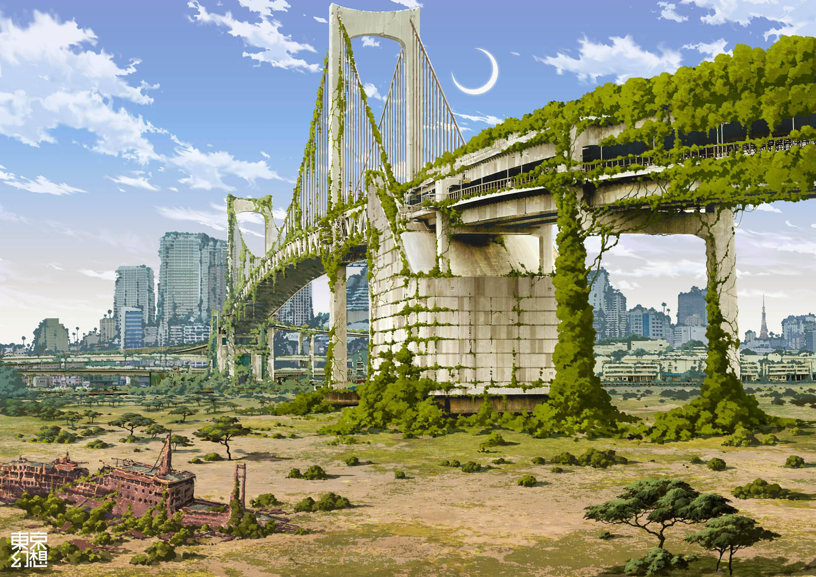 Download Old Bridge Anime City Wallpaper