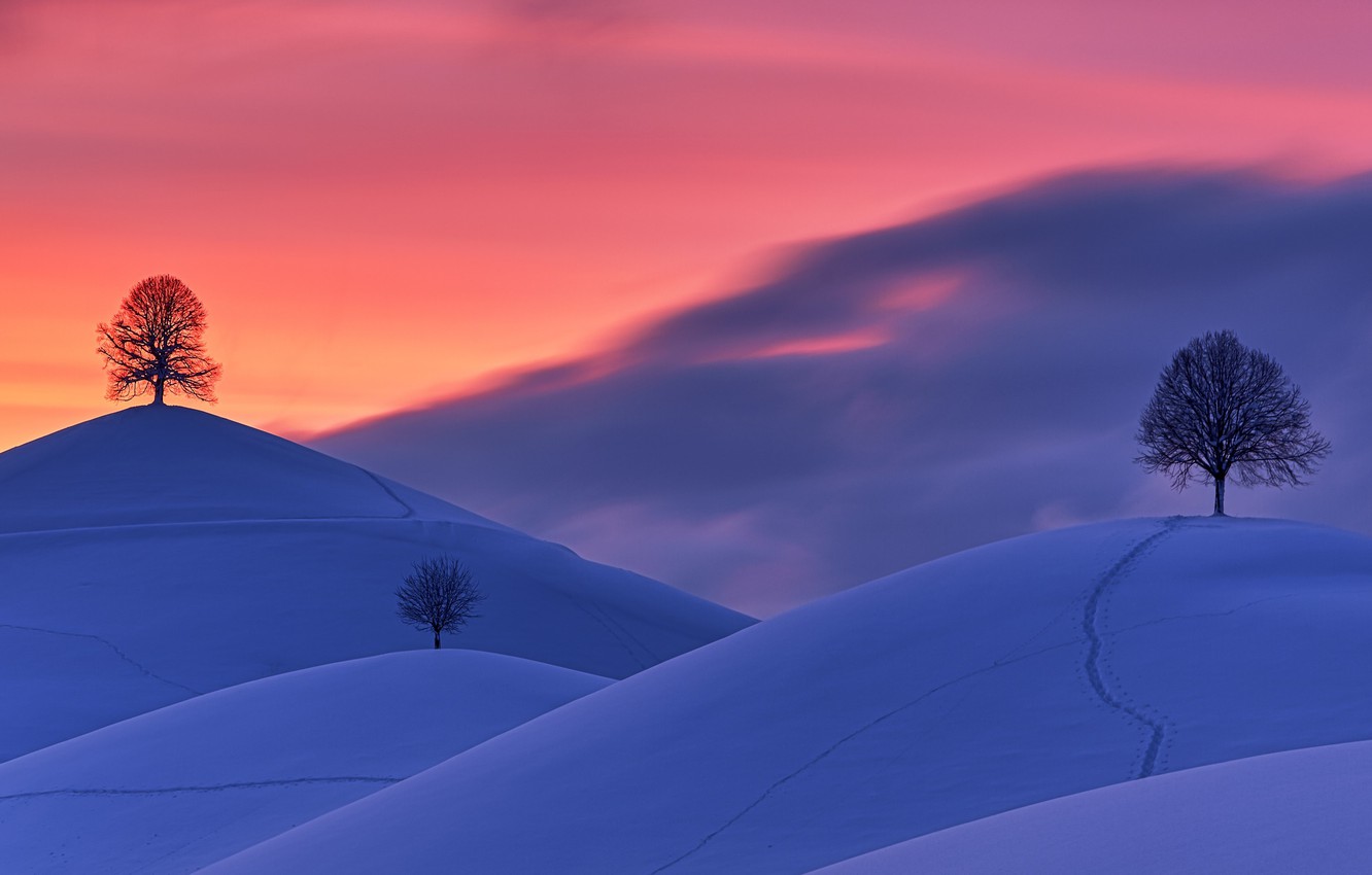 Wallpaper twilight, sky, trees, landscape, nature, Sunset, winter, clouds, snow, hills image for desktop, section пейзажи