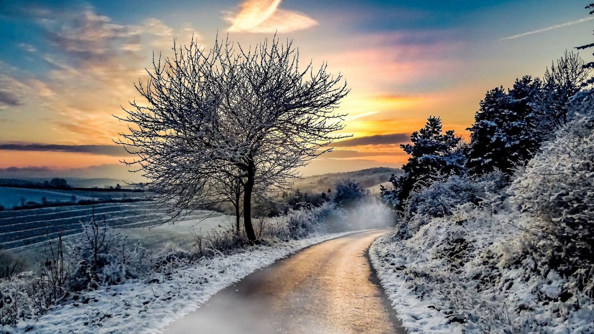 Desktop Wallpaper Winter, Road, Snow, Nature, Sunset, HD Image, Picture, Background, 99b2ba