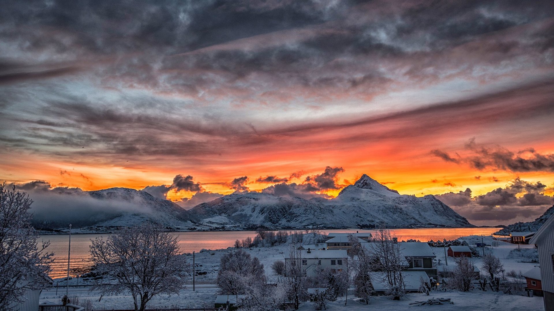 Winter Snow Mountains Rural Houses Red Sky Sunset HD wal