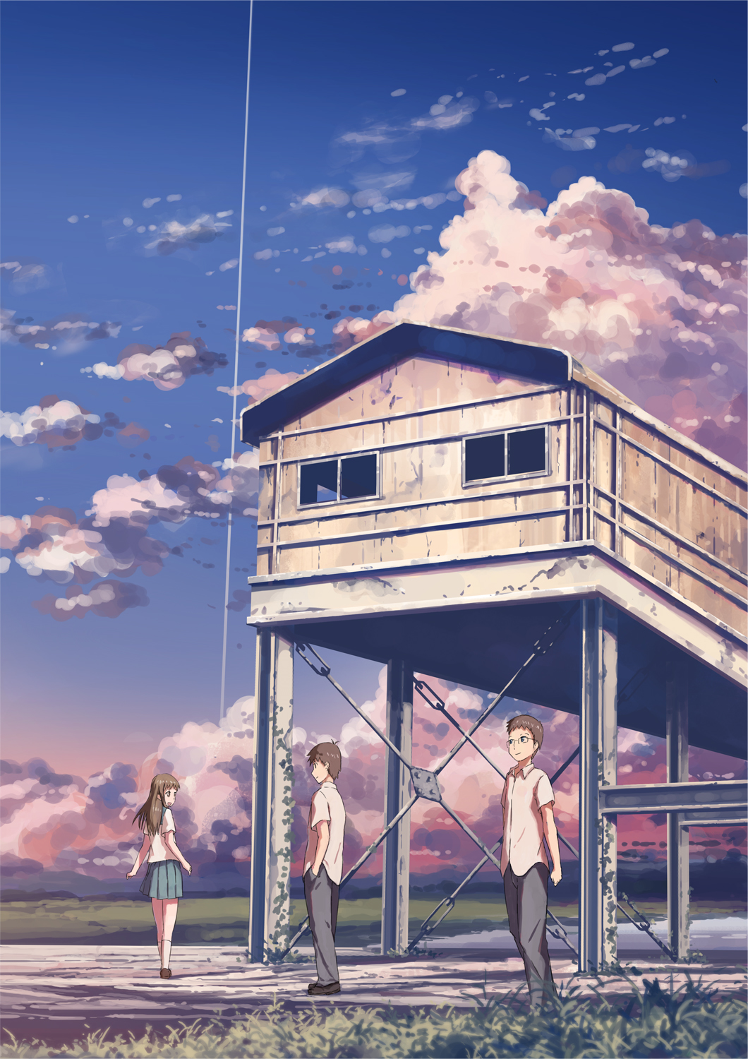 sawatari sayuri, shirakawa takuya, and fujisawa hiroki (kumo no mukou yakusoku no basho) drawn
