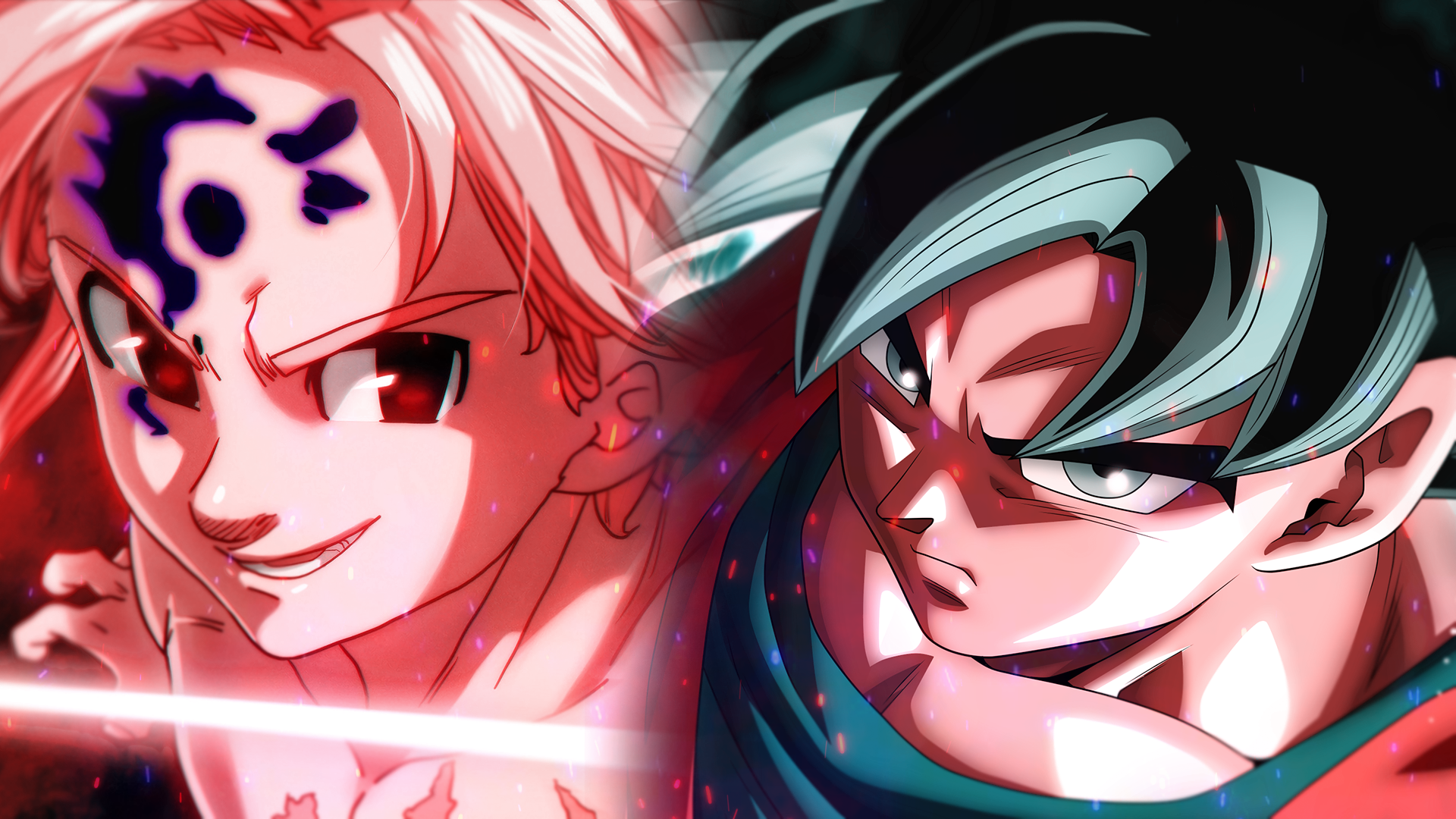 Wallpaper, Son Goku, meliodas, Dragon Ball Super, Ultra Instinct Goku, Ultra Instinct, red eyes, anime boys, digital art, Nanatsu no Taizai, Meliodas Sin of Wrath 1920x1080