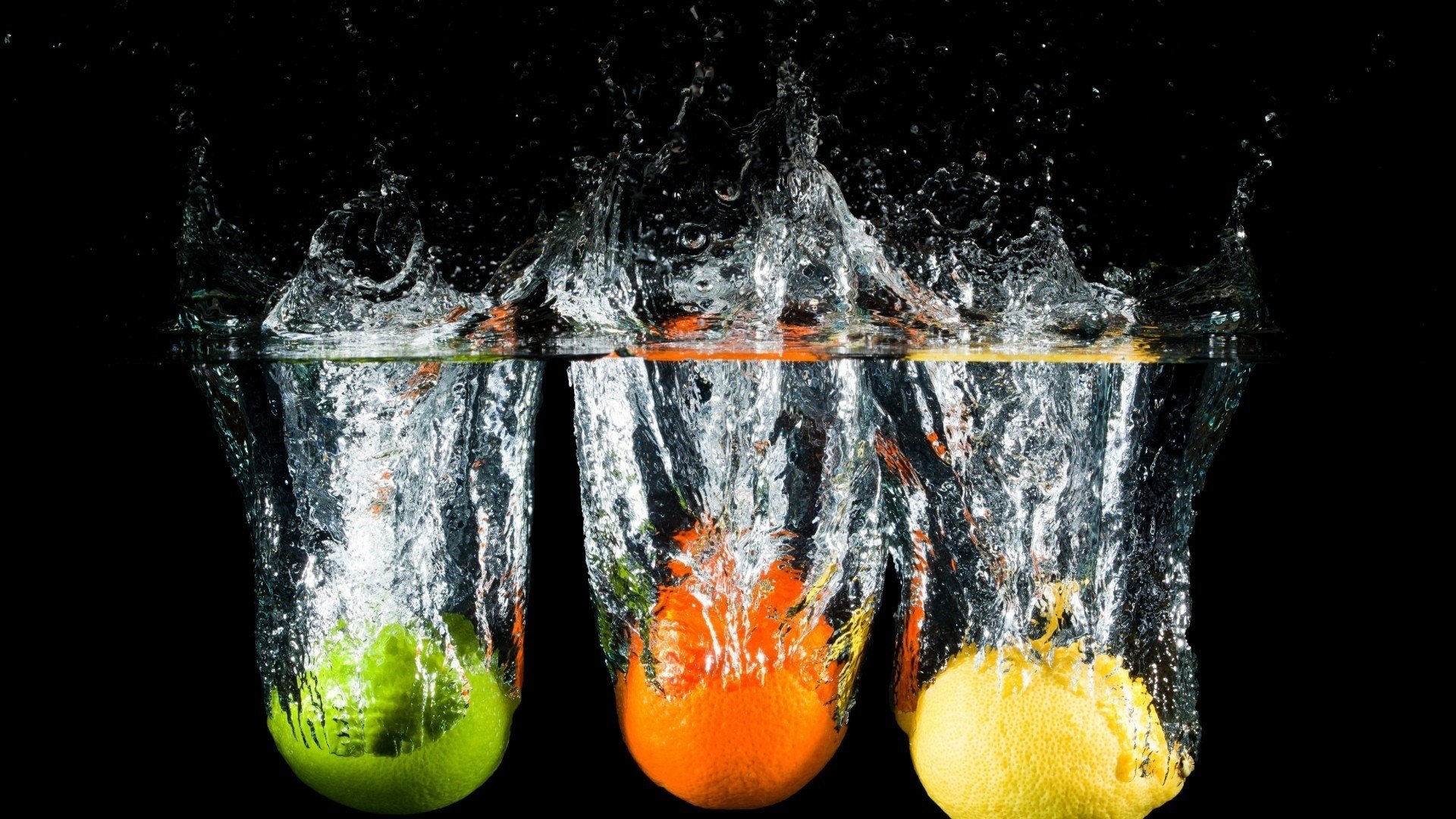 Wallpaper, 1920x1080 px, background, black, food, lemons, oranges, splashes, water 1920x1080